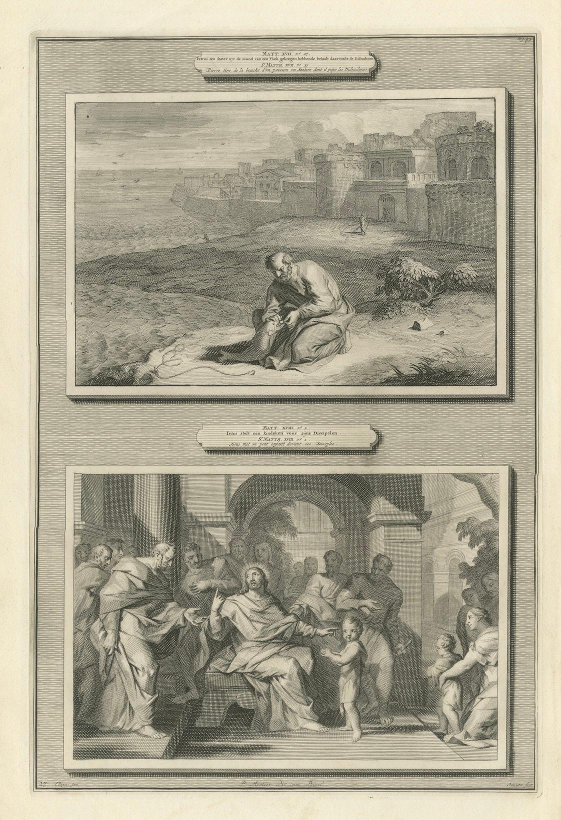 Antique Biblical Engravings – Peter Finds the Coin in the Fish’s Mouth & Christ Foretells His Passion, ca. 1700

This elegant engraving sheet, published by Pieter Mortier in Amsterdam around 1700, presents two Gospel episodes filled with symbolic