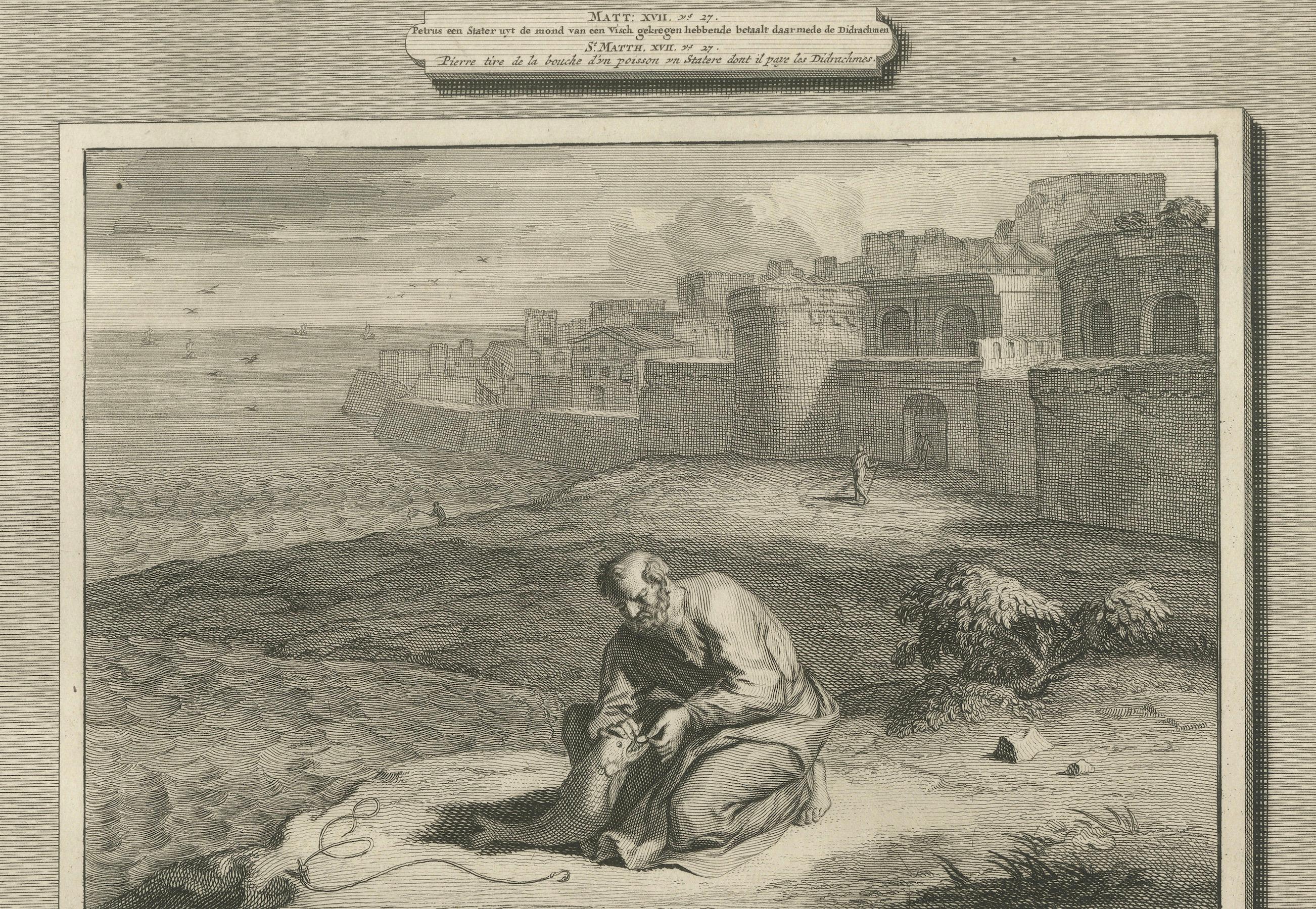 Religiöse Stiche - Peters Münze im Fisch & Christus kündigt Passion an, ca.1700 (Niederländisch) im Angebot