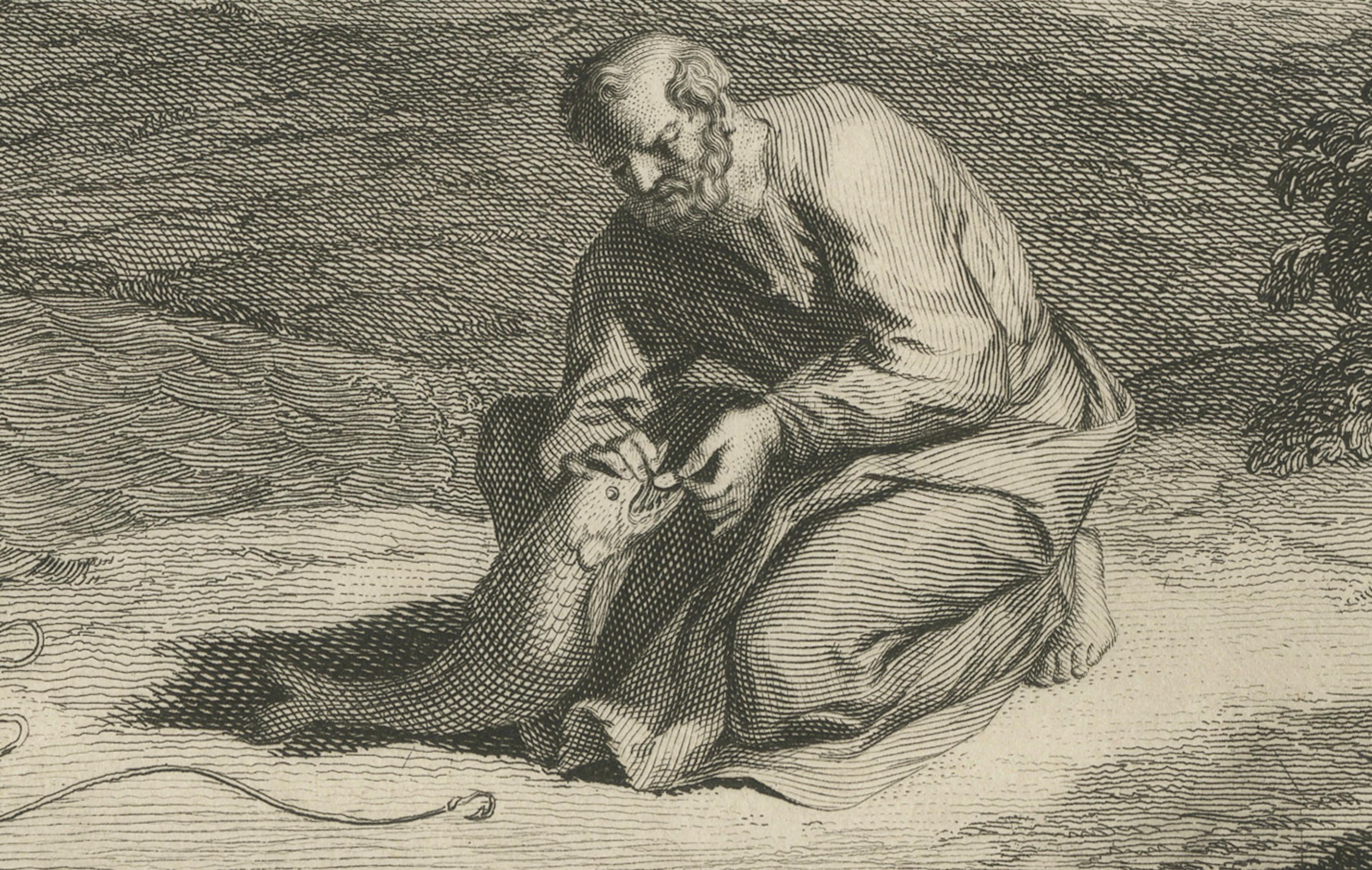Religiöse Stiche - Peters Münze im Fisch & Christus kündigt Passion an, ca.1700 im Zustand „Gut“ im Angebot in Langweer, NL