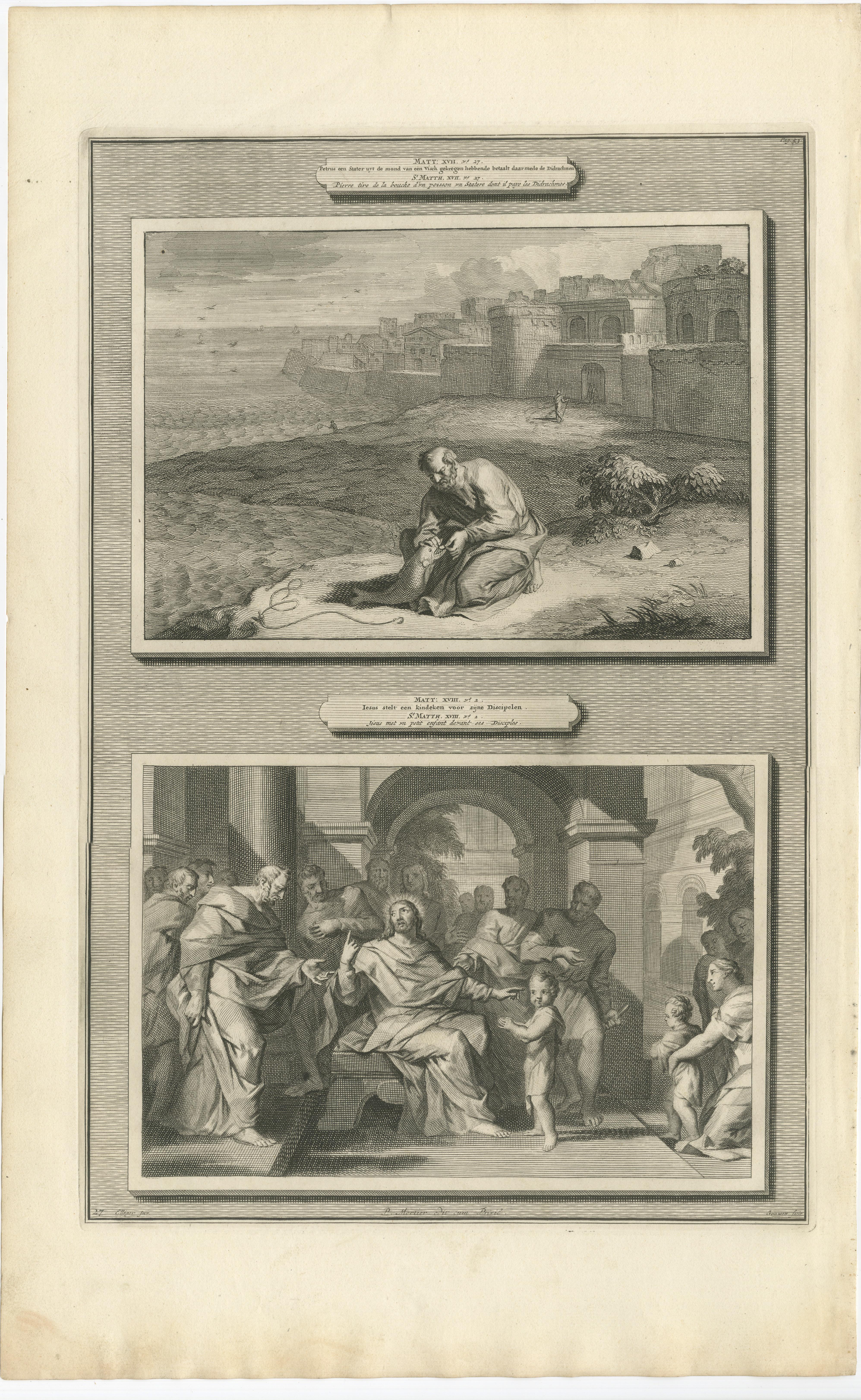 Religiöse Stiche - Peters Münze im Fisch & Christus kündigt Passion an, ca.1700 (Papier) im Angebot