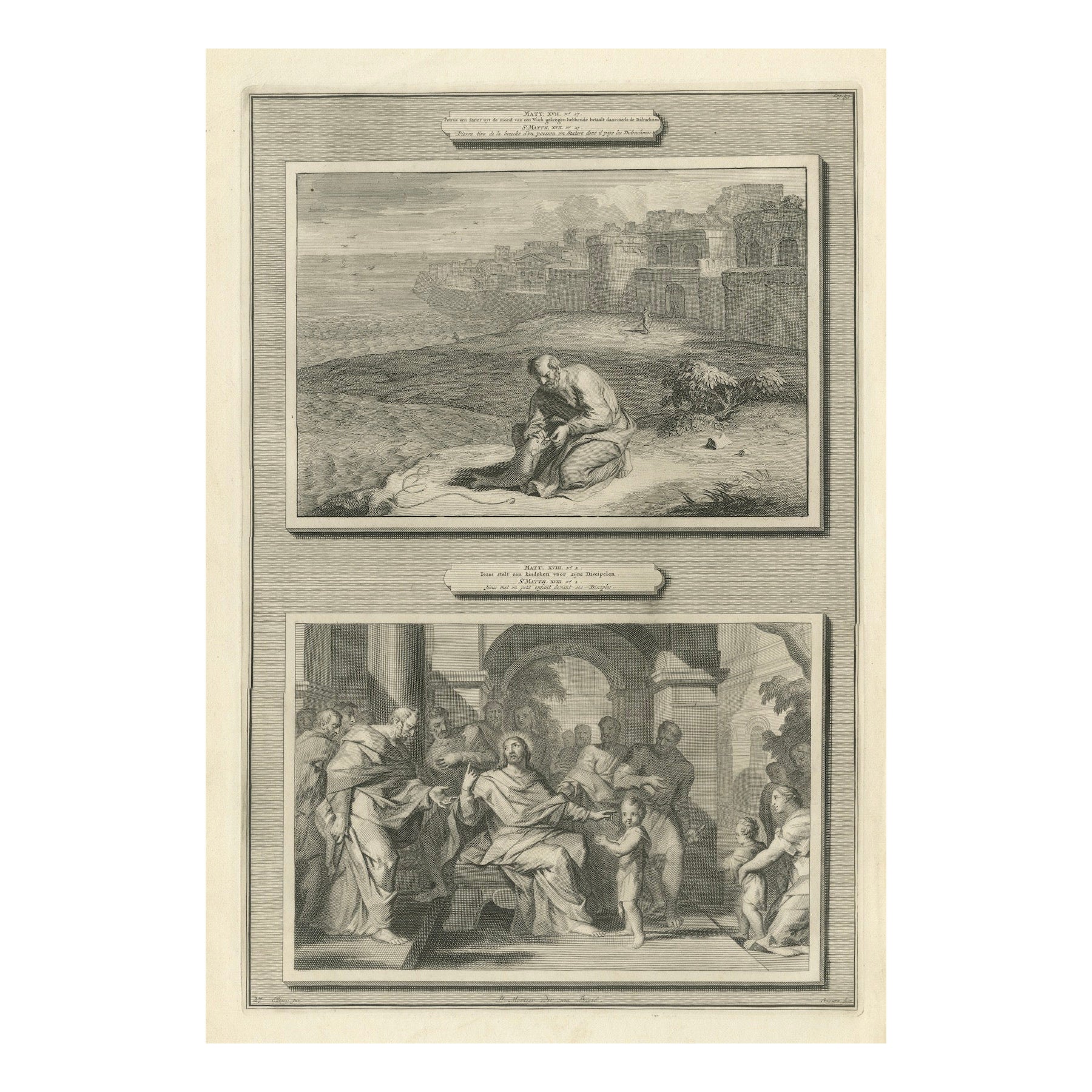 Religiöse Stiche - Peters Münze im Fisch & Christus kündigt Passion an, ca.1700