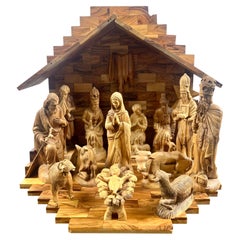 Religious Hand Carved Olive Wood Nativity Set with Stable, Holy Family, Wise Men