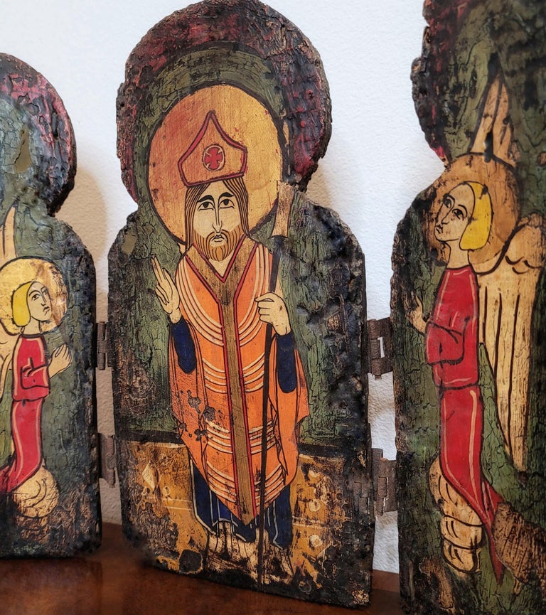 Antique Religious Carved Polychrome Painted Devotional Icon