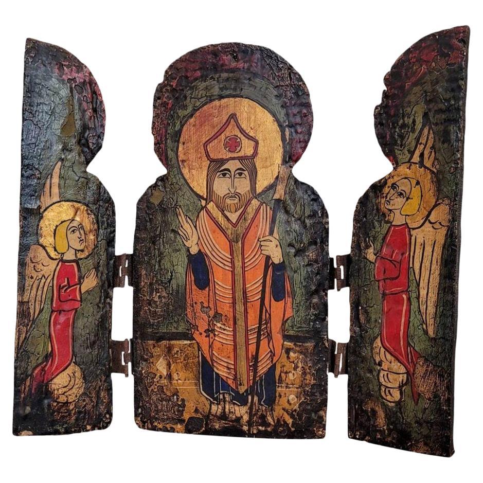 Antique Carved Polychrome Painted Panel Devotional Icon Triptych Altarpiece   For Sale