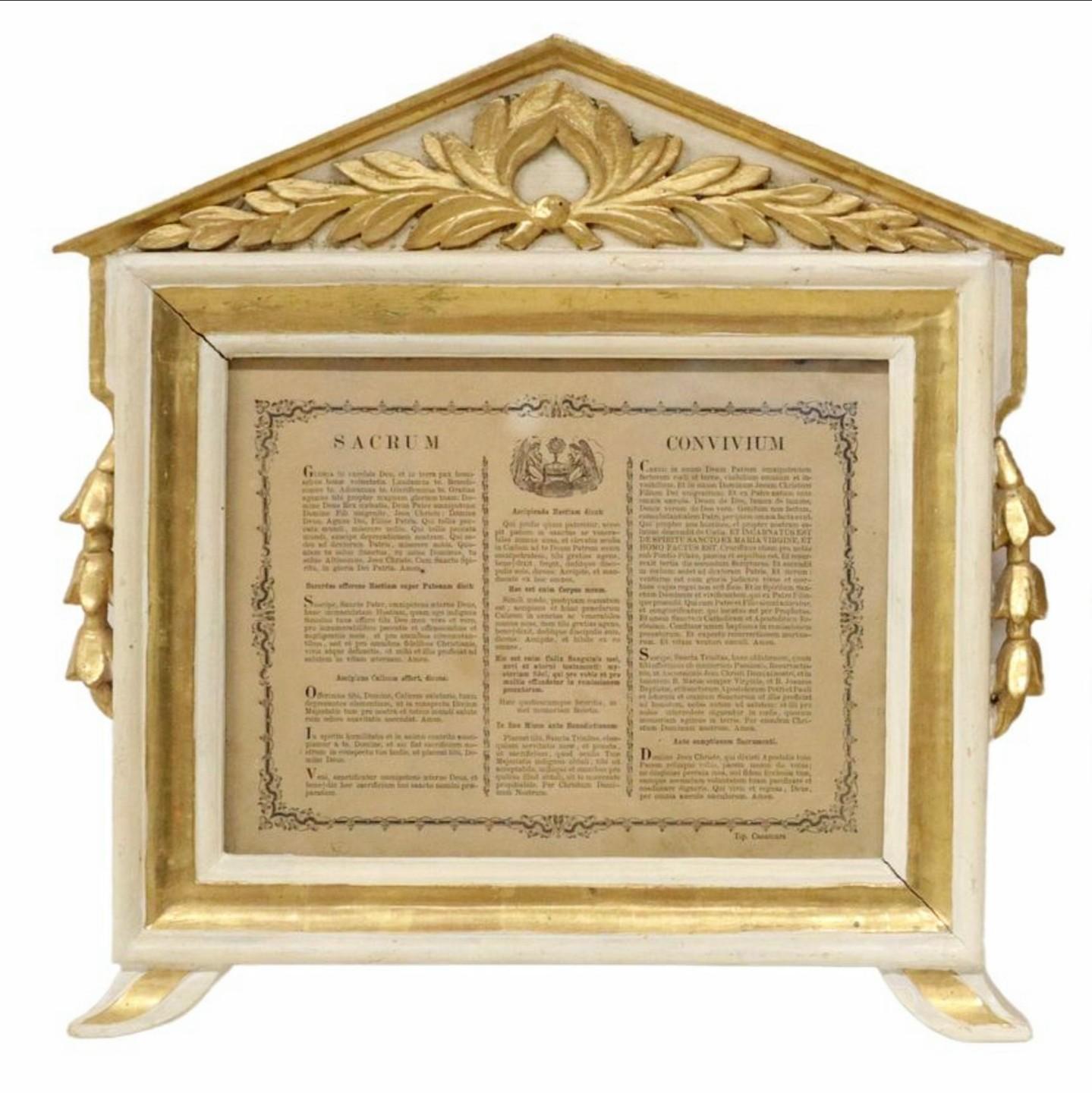 A rare complete set of three antique Italian Grand Tour ecclesiastical hand carved parcel gilt cream painted pine 