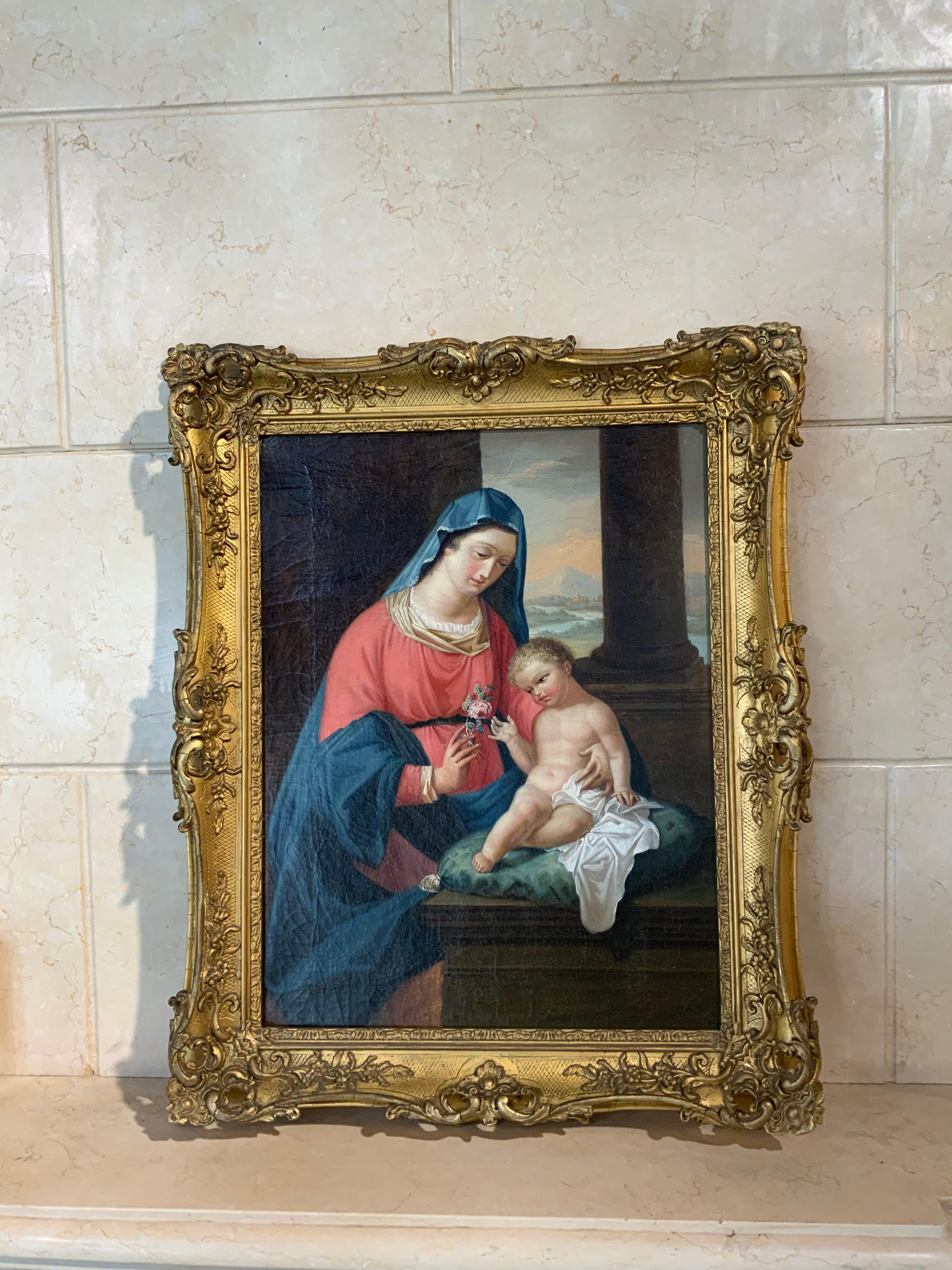 Oil on canvas of Christ child staring into the rose. Beautiful painting that has been 
restored and relined. Found in France with a lovely old gilt frame.