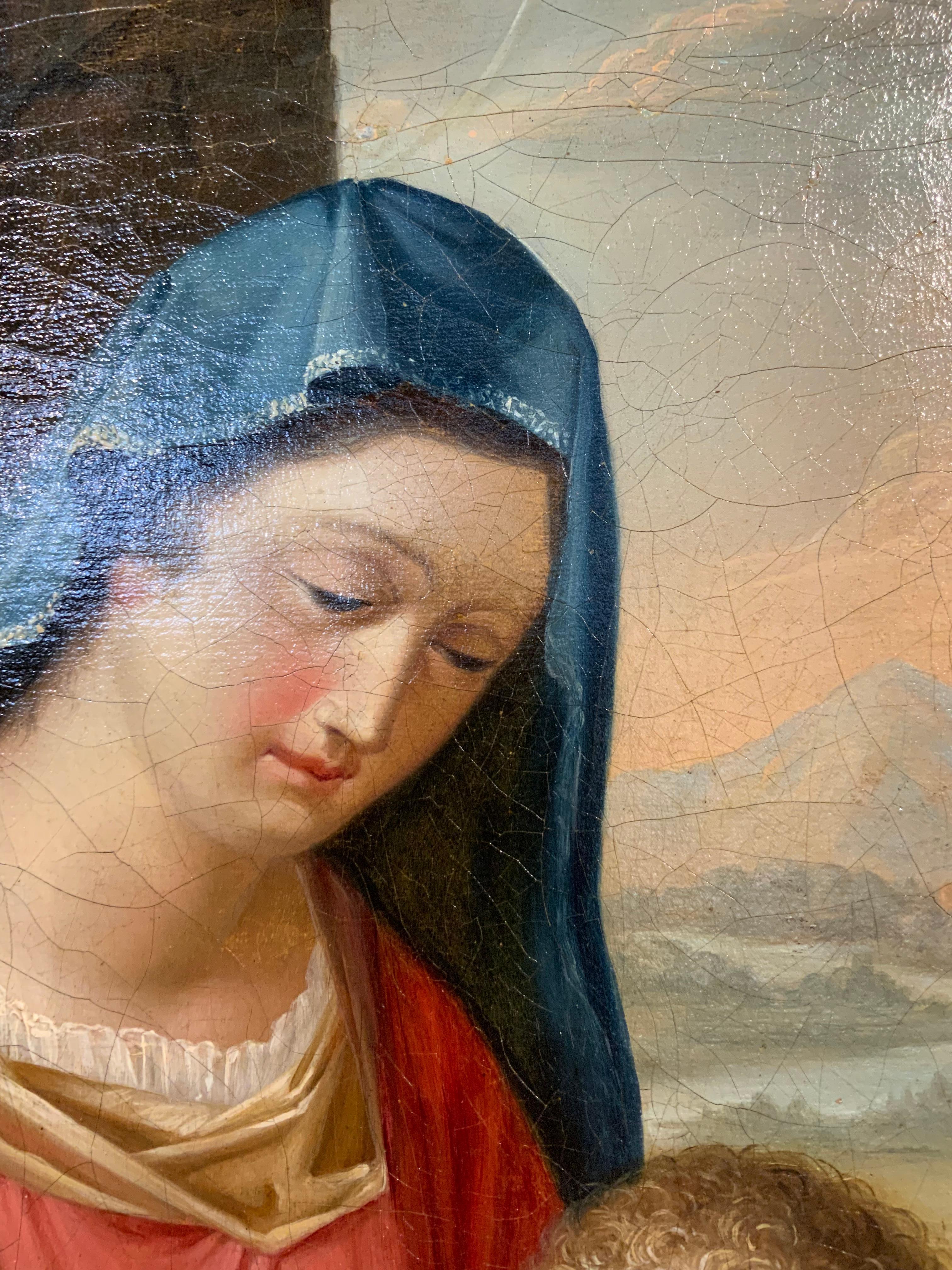 Late 18th Century Religious Oil on Canvas 18th C. Virgin Mother and Christ Child “the Rose”