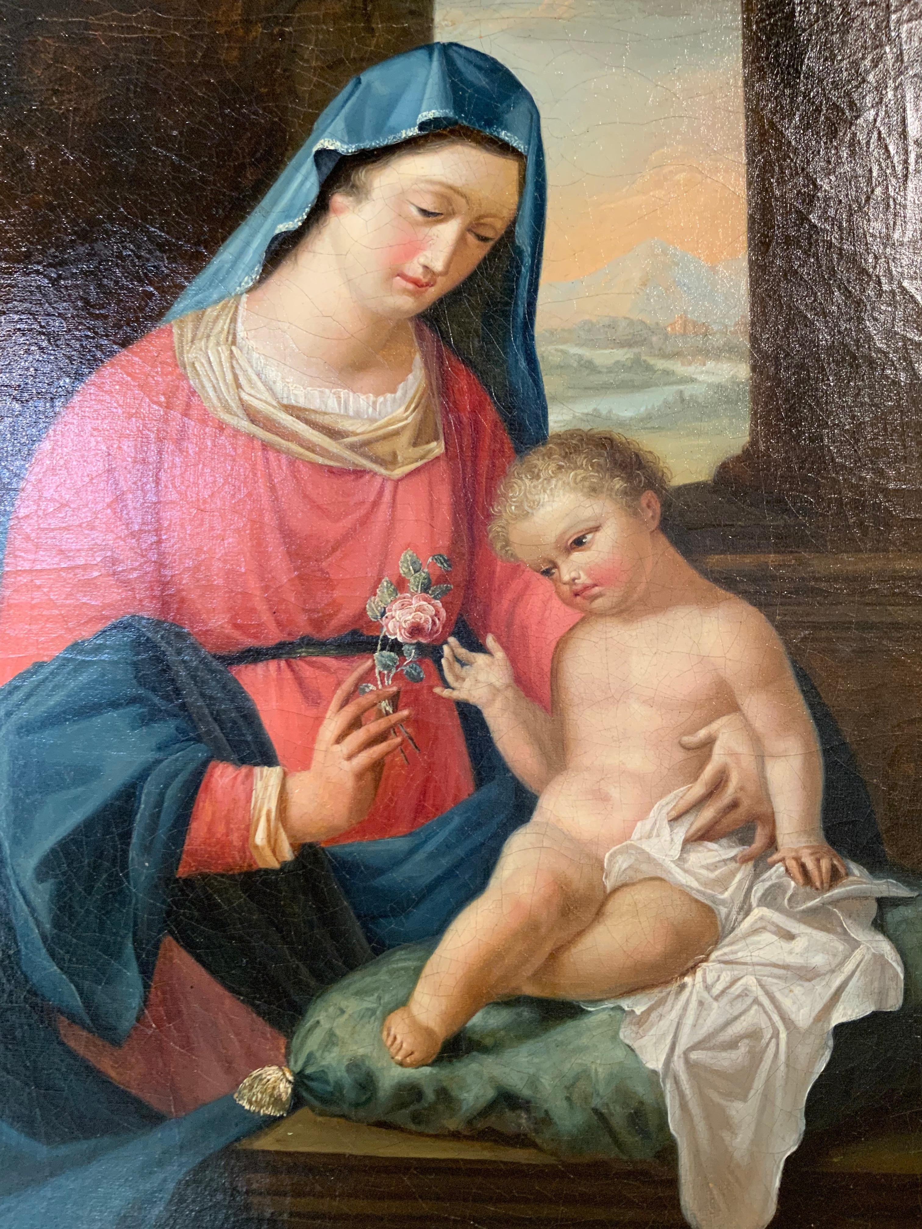 Paint Religious Oil on Canvas 18th C. Virgin Mother and Christ Child “the Rose”