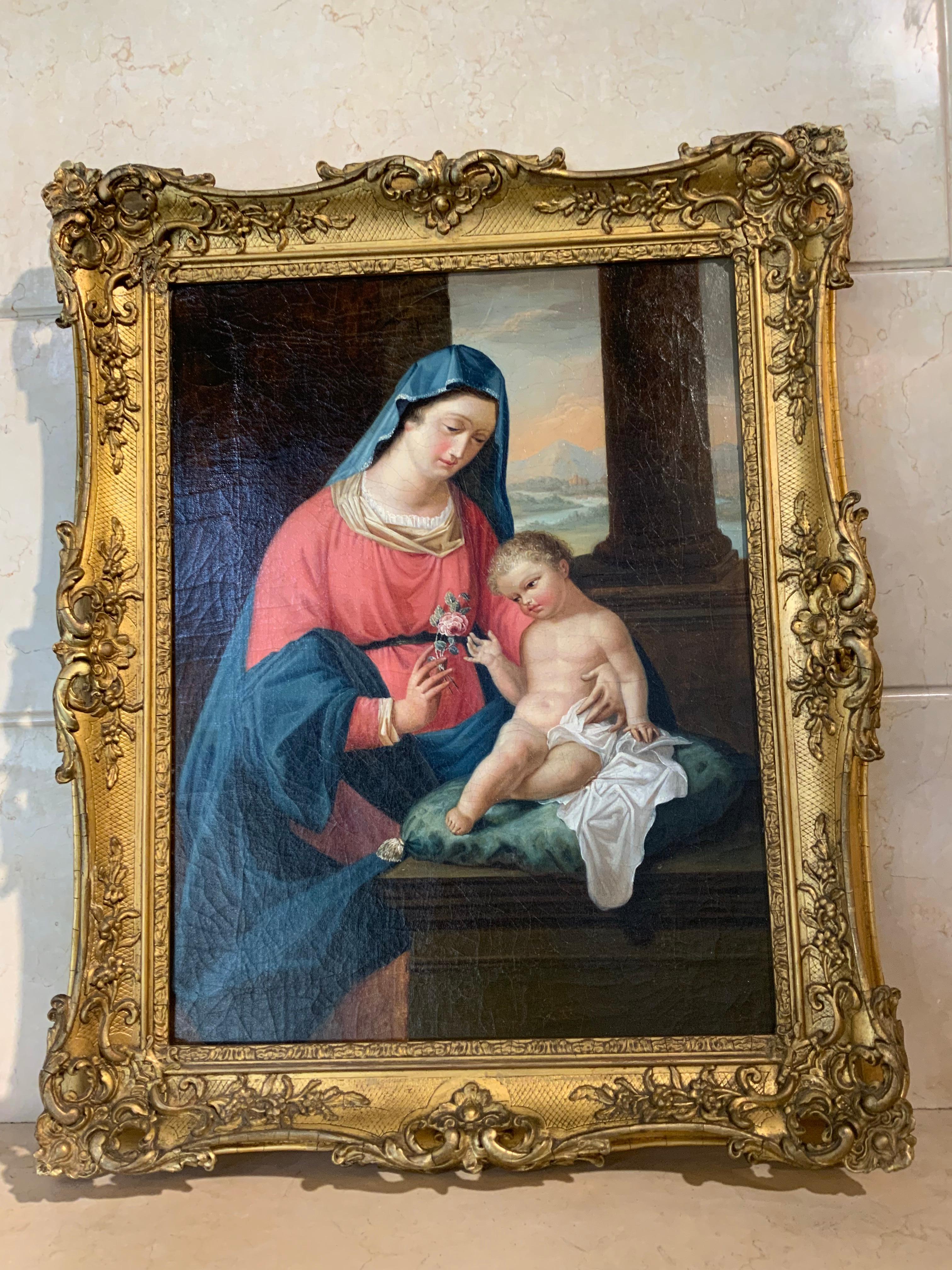 Religious Oil on Canvas 18th C. Virgin Mother and Christ Child “the Rose” 1