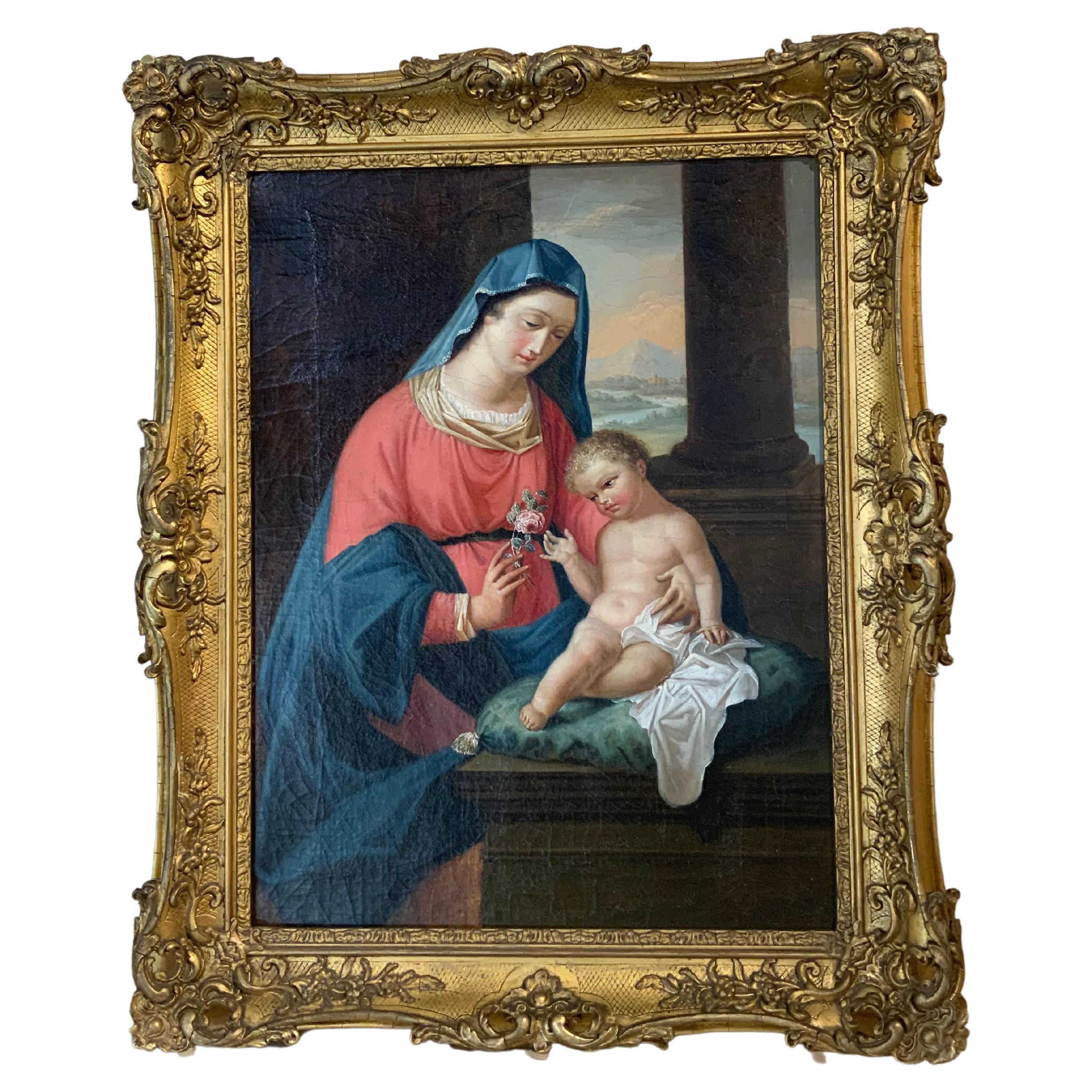 Religious Oil on Canvas 18th C. Virgin Mother and Christ Child “the Rose”