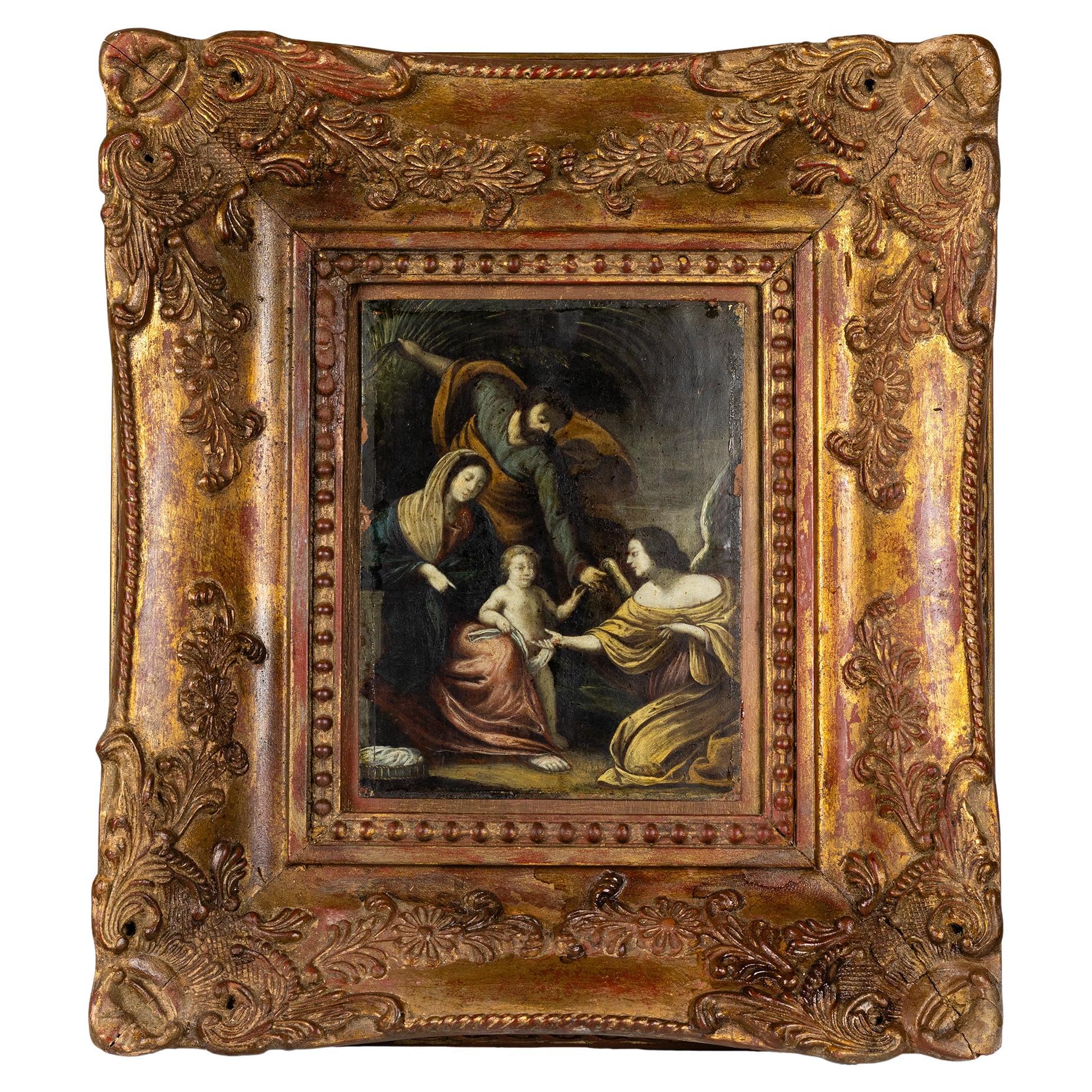 Religious Oil on Cooper, Baroque Holy Family, 18th Century