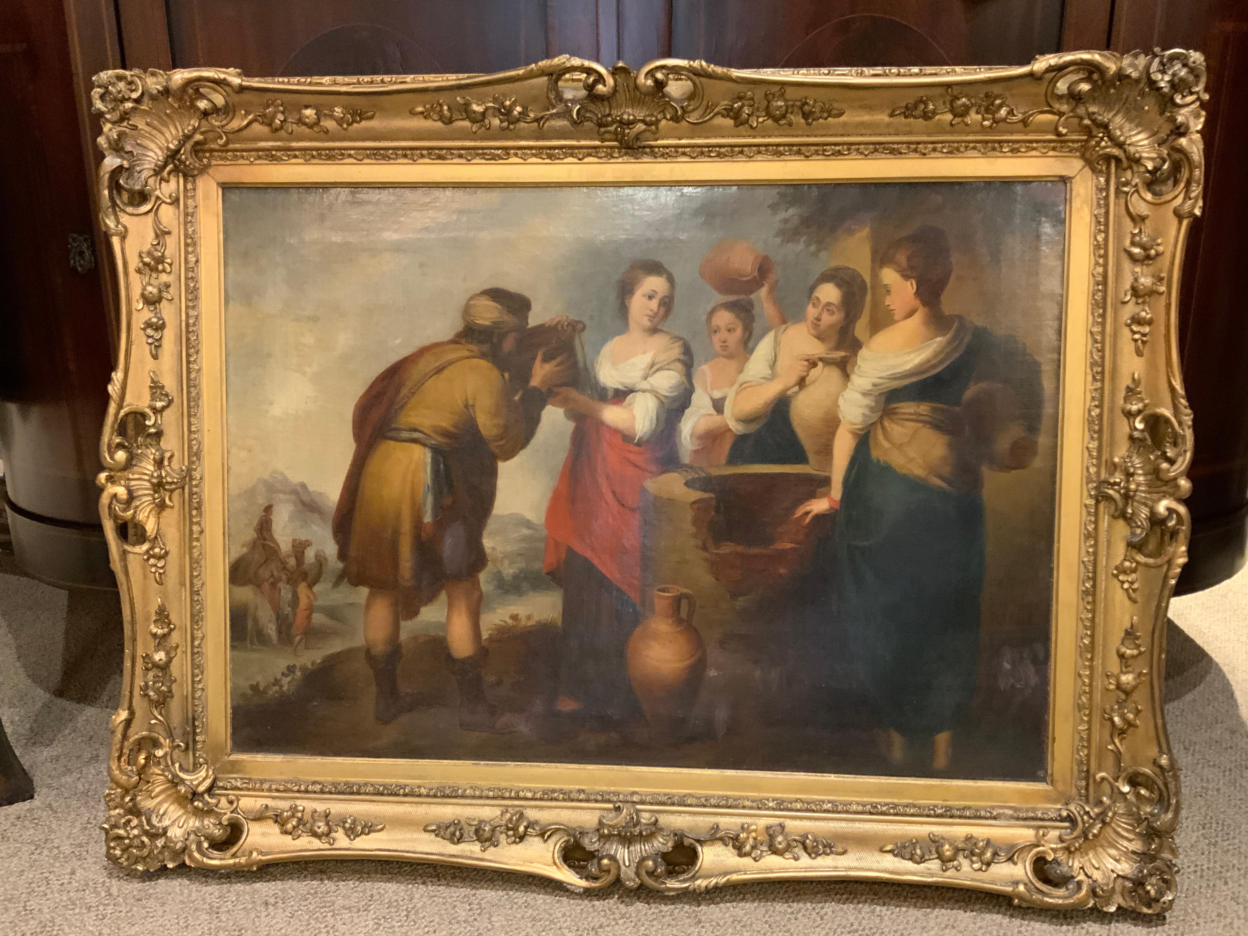 This exquisite painting is rich in color exhibiting age and great
Quality. It is framed in a gilt baroque antique frame. The artist is
Portraying the story of Rebecca and Eliezer at the well. She is offering
Him water as he has traveled a great