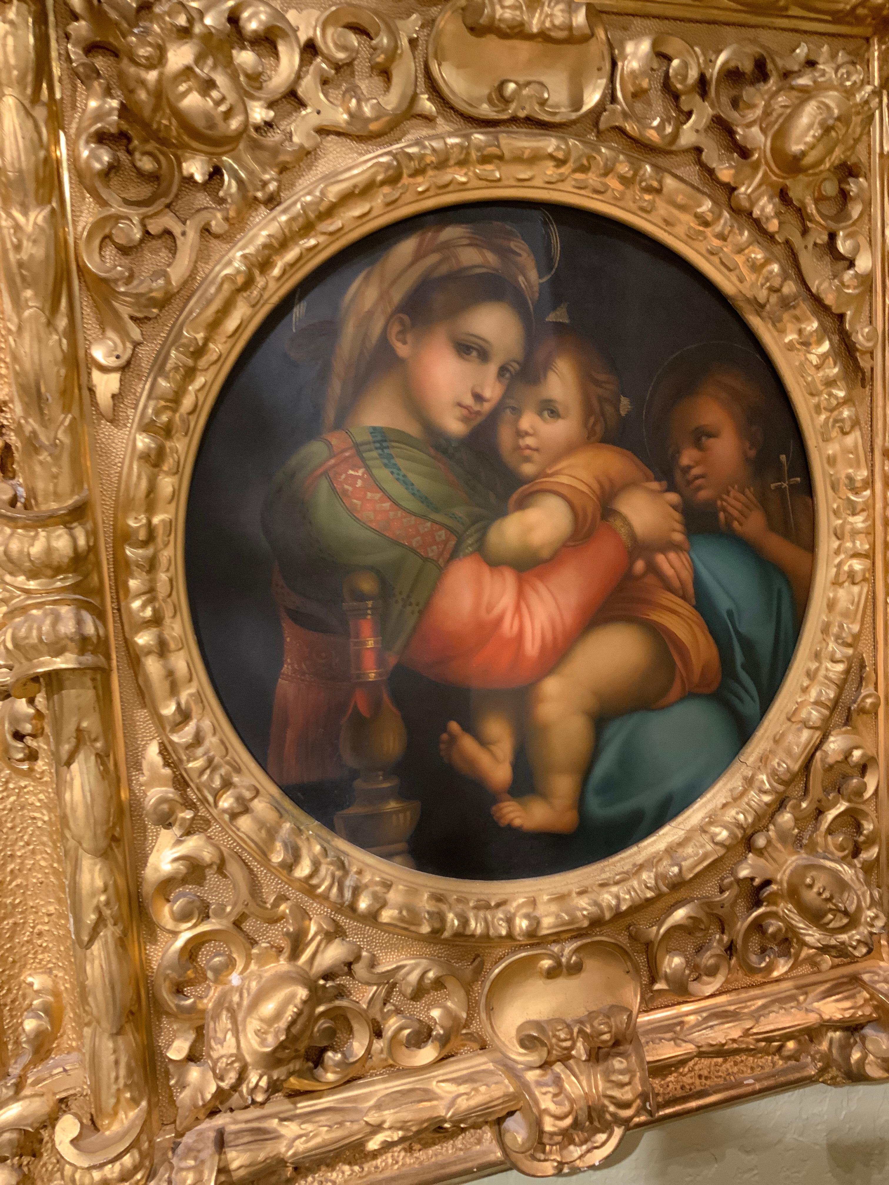 Religious Oil Painting “Madonna De La Silla” After Raphael 19 Th Century For Sale 3
