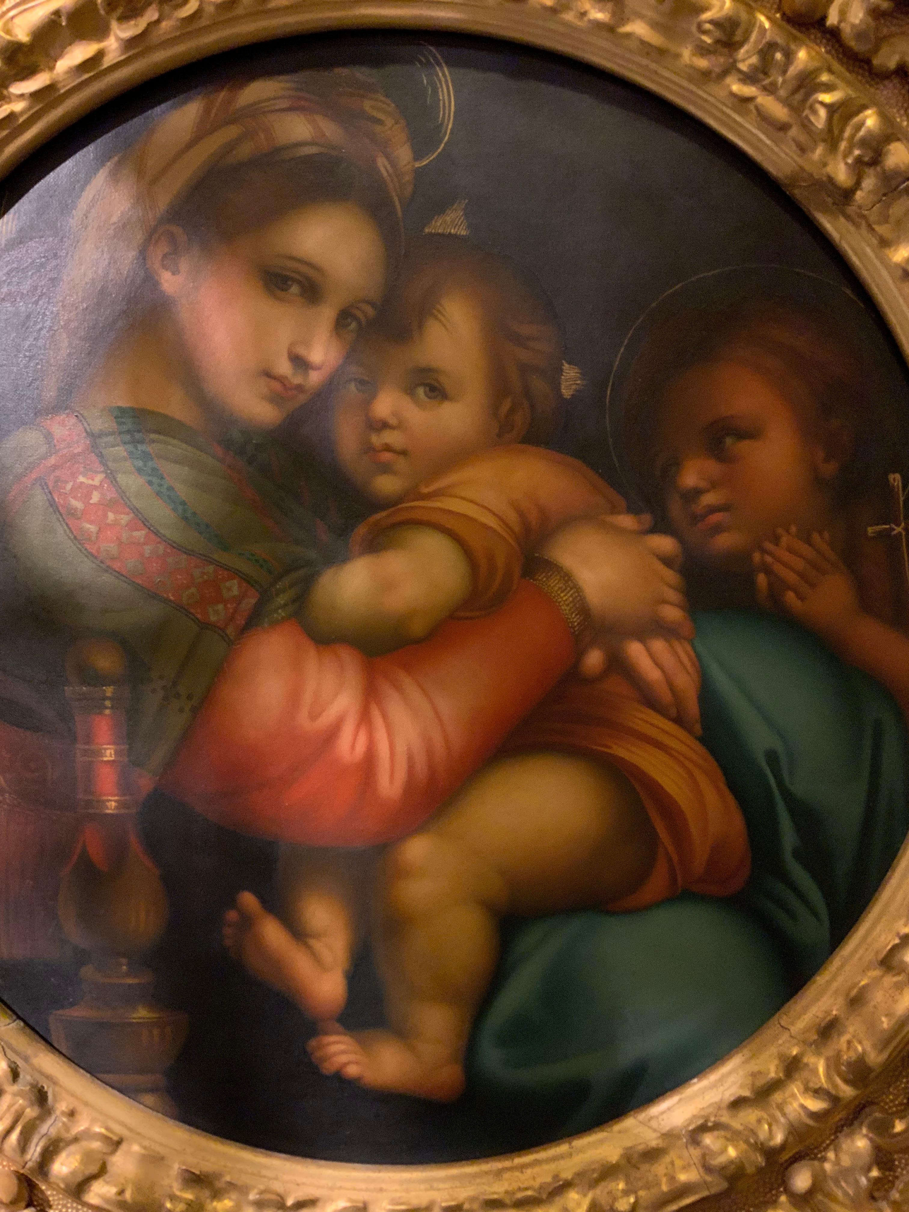 Religious Oil Painting “Madonna De La Silla” After Raphael 19 Th Century In Excellent Condition For Sale In Houston, TX