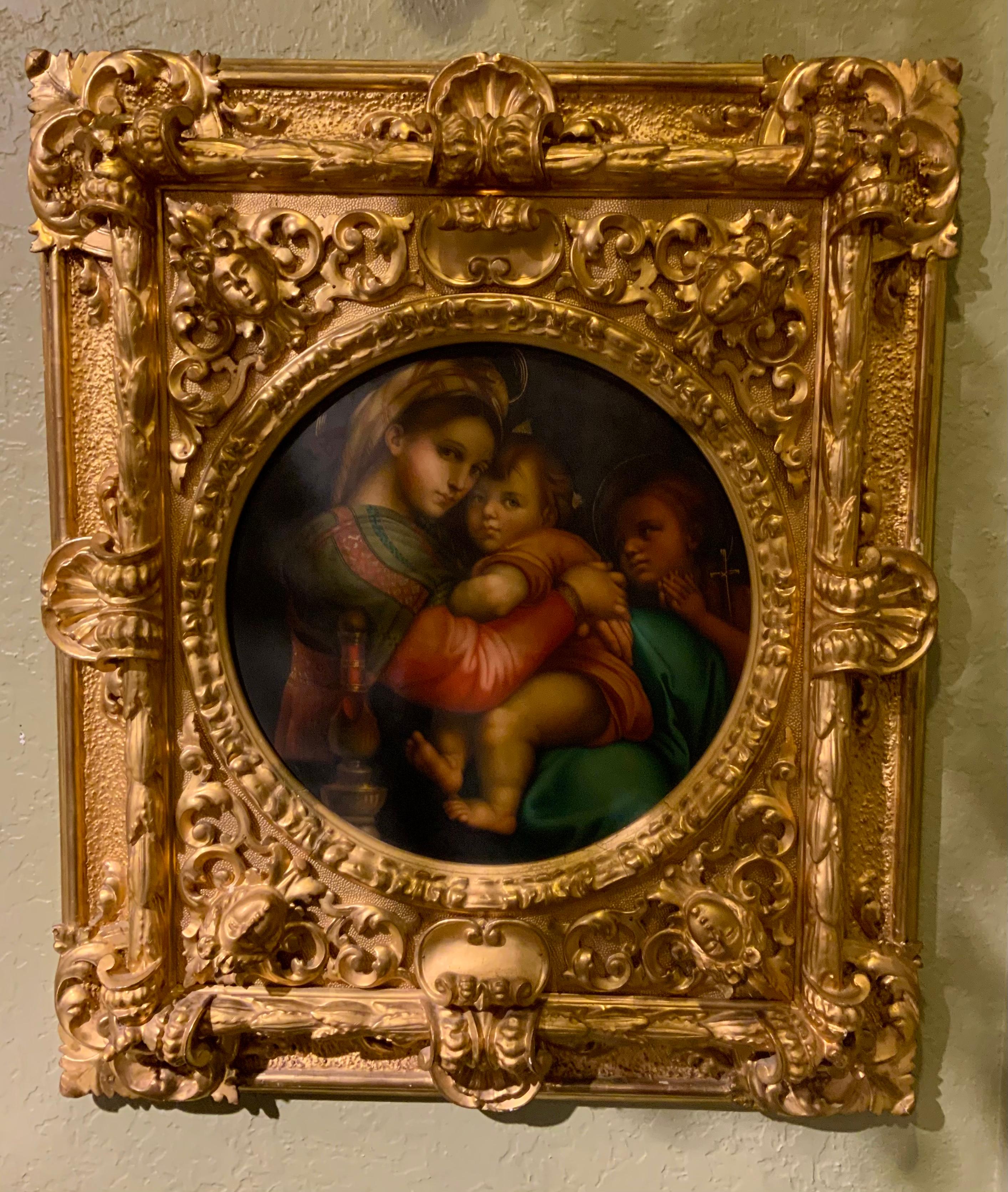 Religious Oil Painting “Madonna De La Silla” After Raphael 19 Th Century For Sale 1