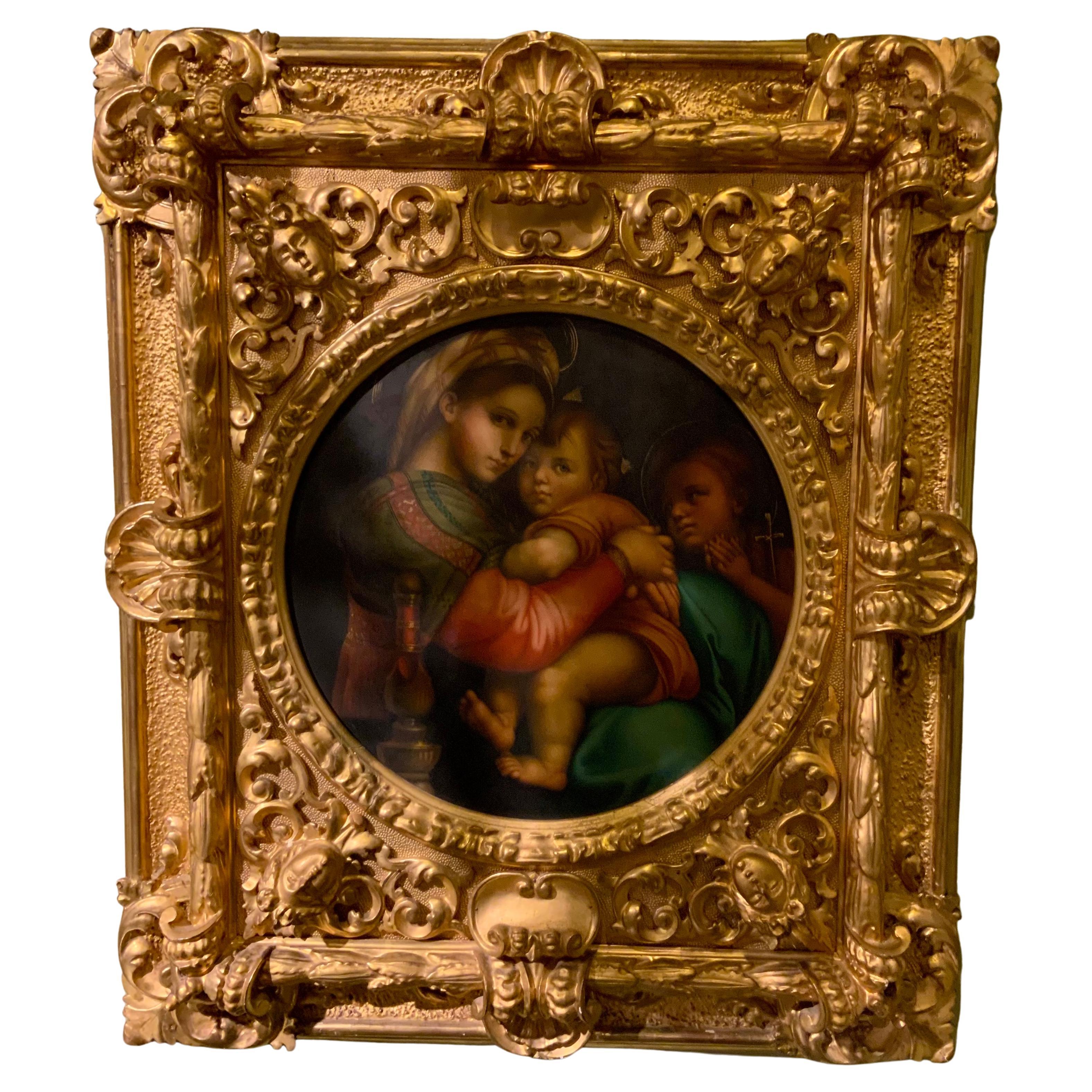 Peinture à l'huile religieuse Madonna De La Silla d'après Raphaël, 19ème siècle