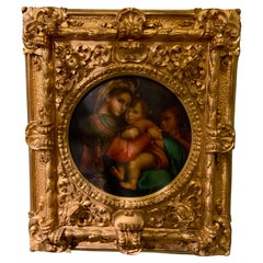 Religious Oil Painting “Madonna De La Silla” After Raphael 19 Th Century