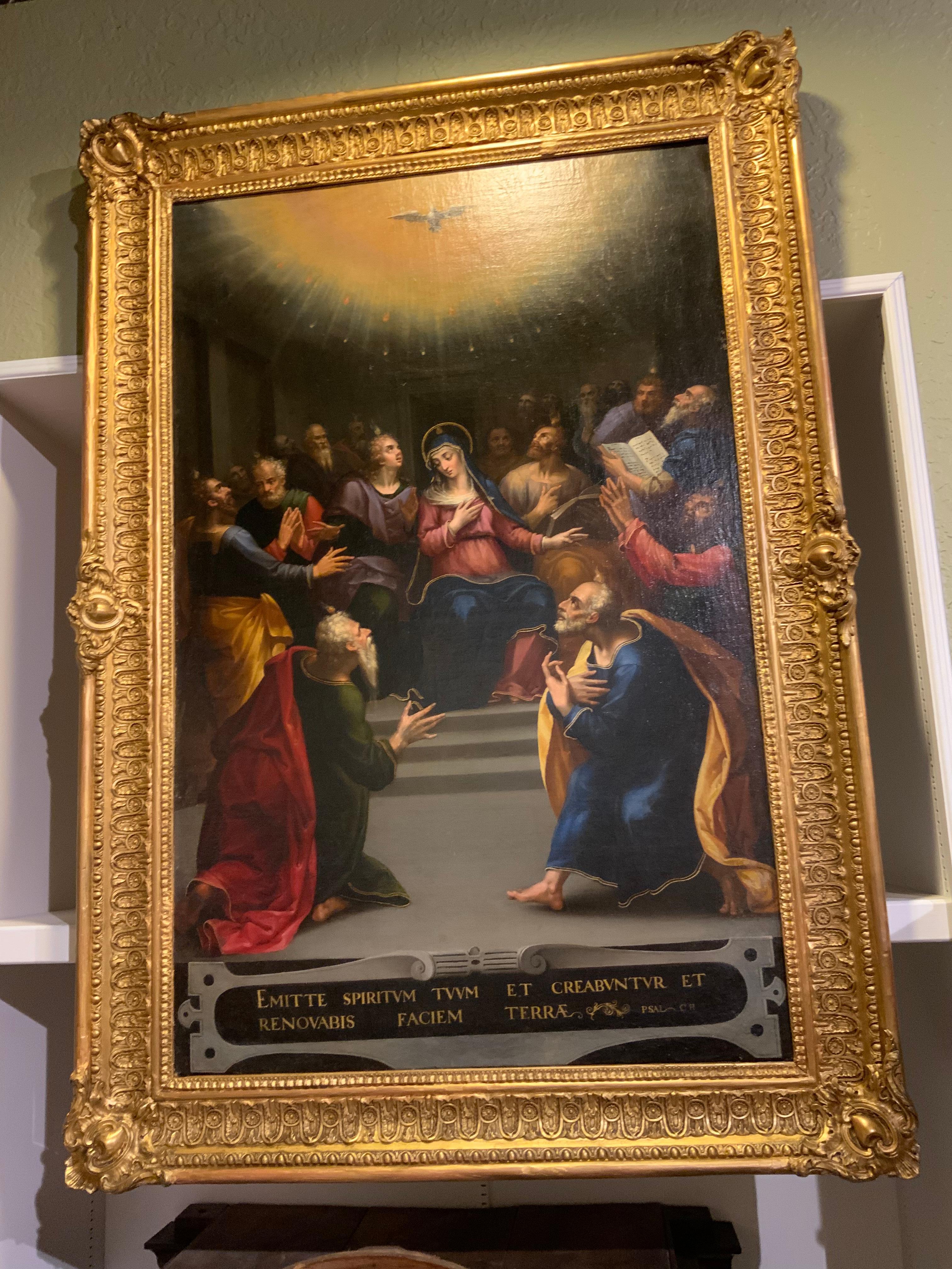 The exceptional use of color makes this painting very rich in dimension.
The faces and figures are well painted and portray the holy mother in
A very moving way. The hovering dove at the crest represents the holt
Spirit. The gilt wood frame is in