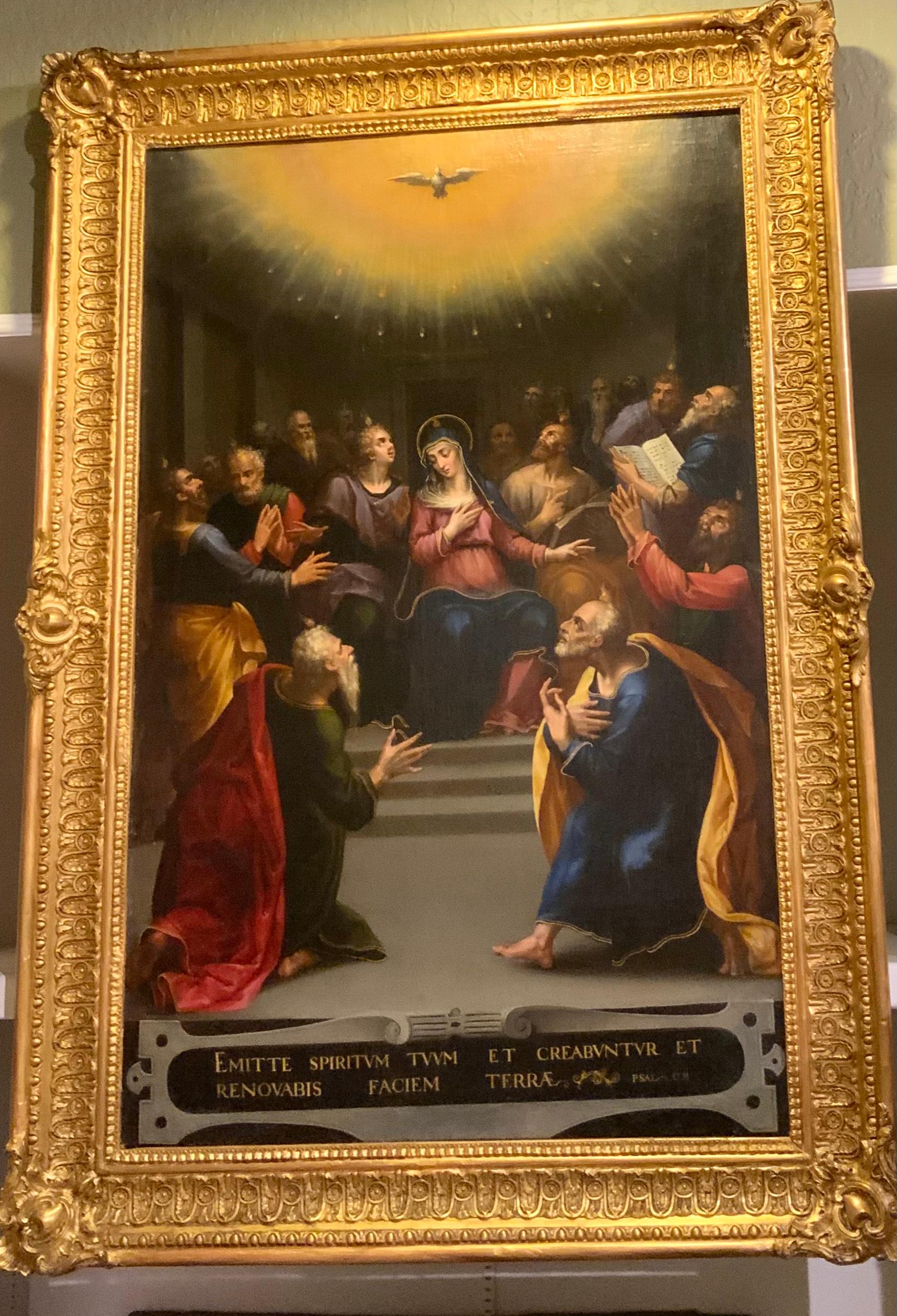 French Religious Oil Painting of Madonna with Followers and Dove