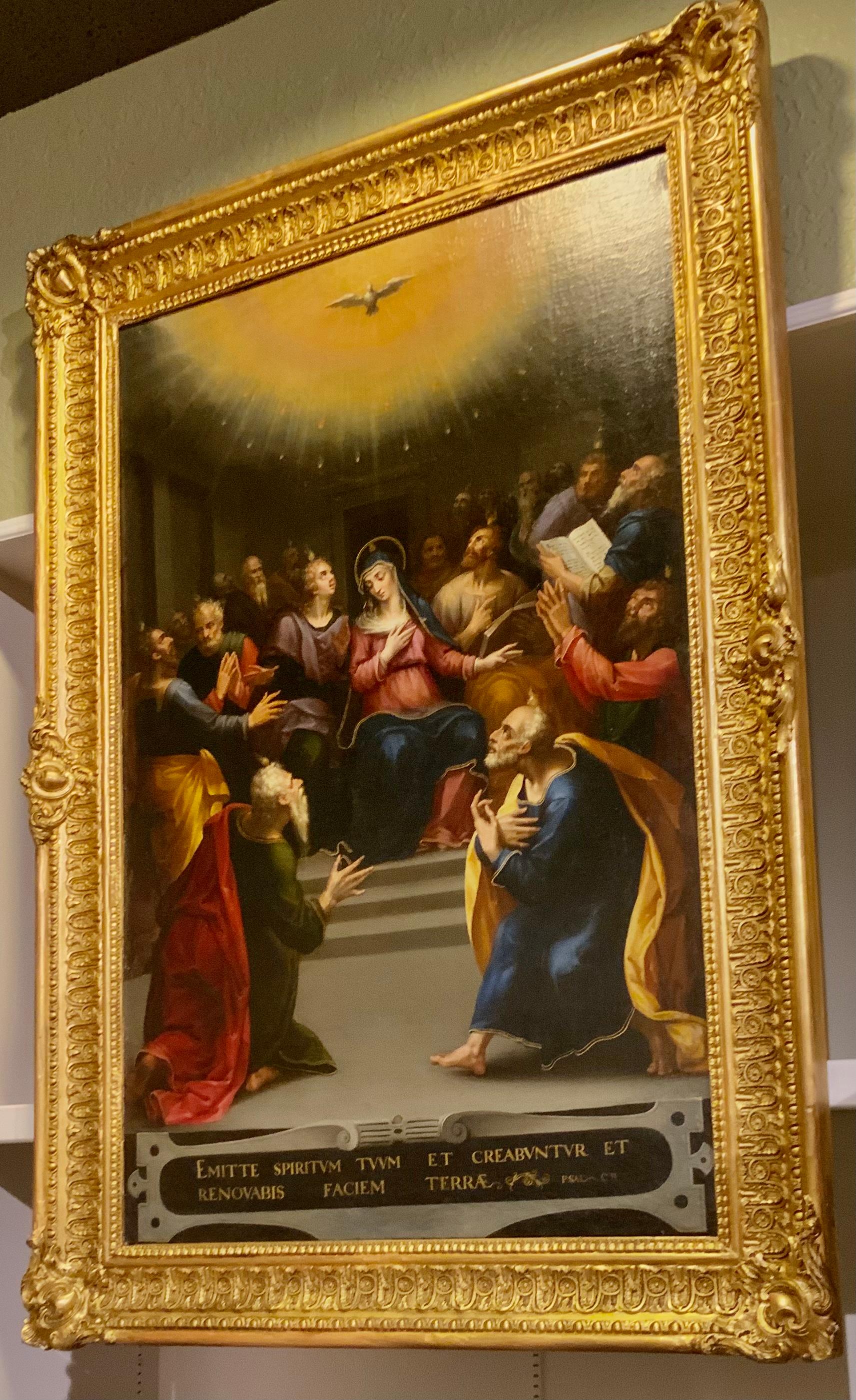 19th Century Religious Oil Painting of Madonna with Followers and Dove