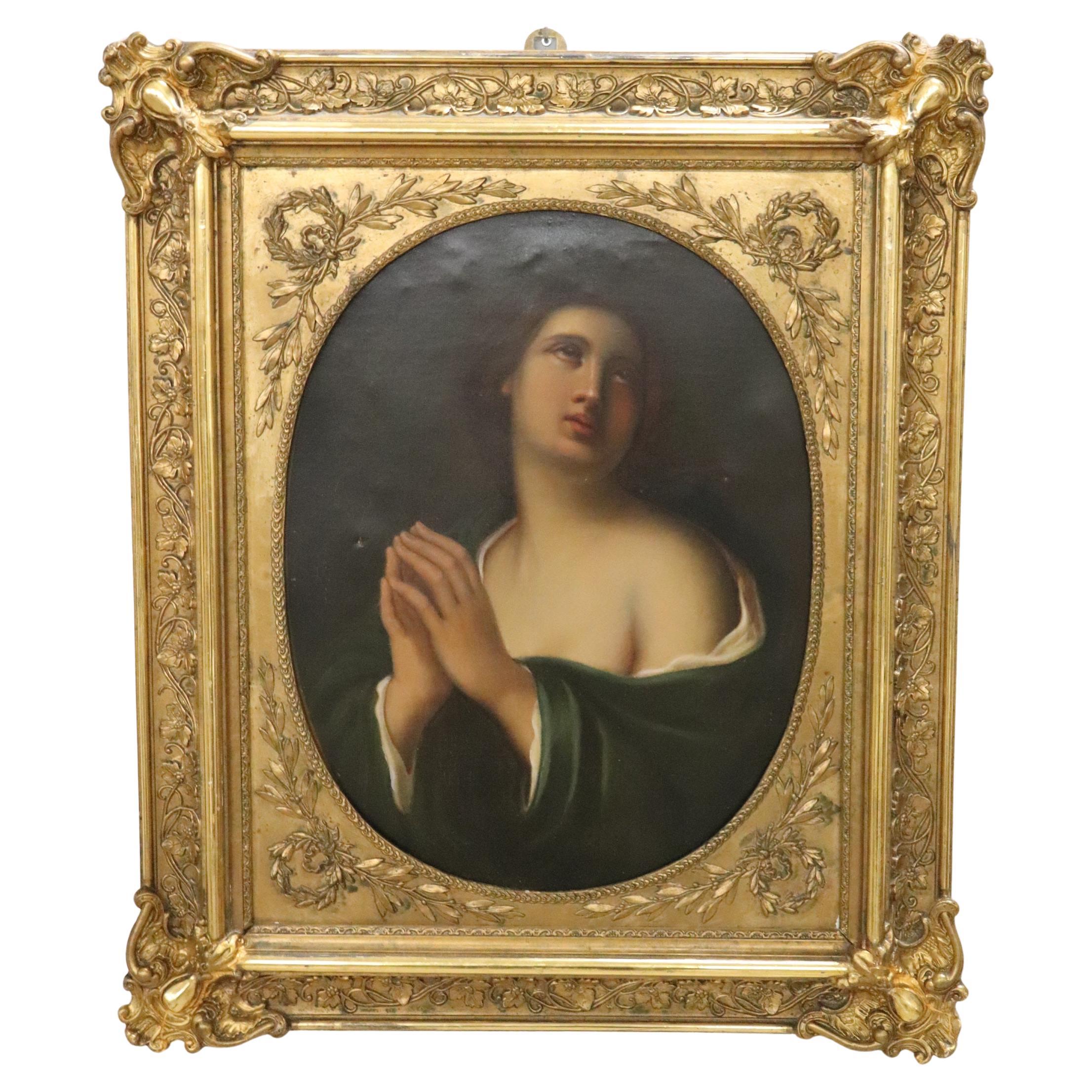 Peinture à l
huile religieuse sur toile, Marie Madeleine en prière, 19e siècle