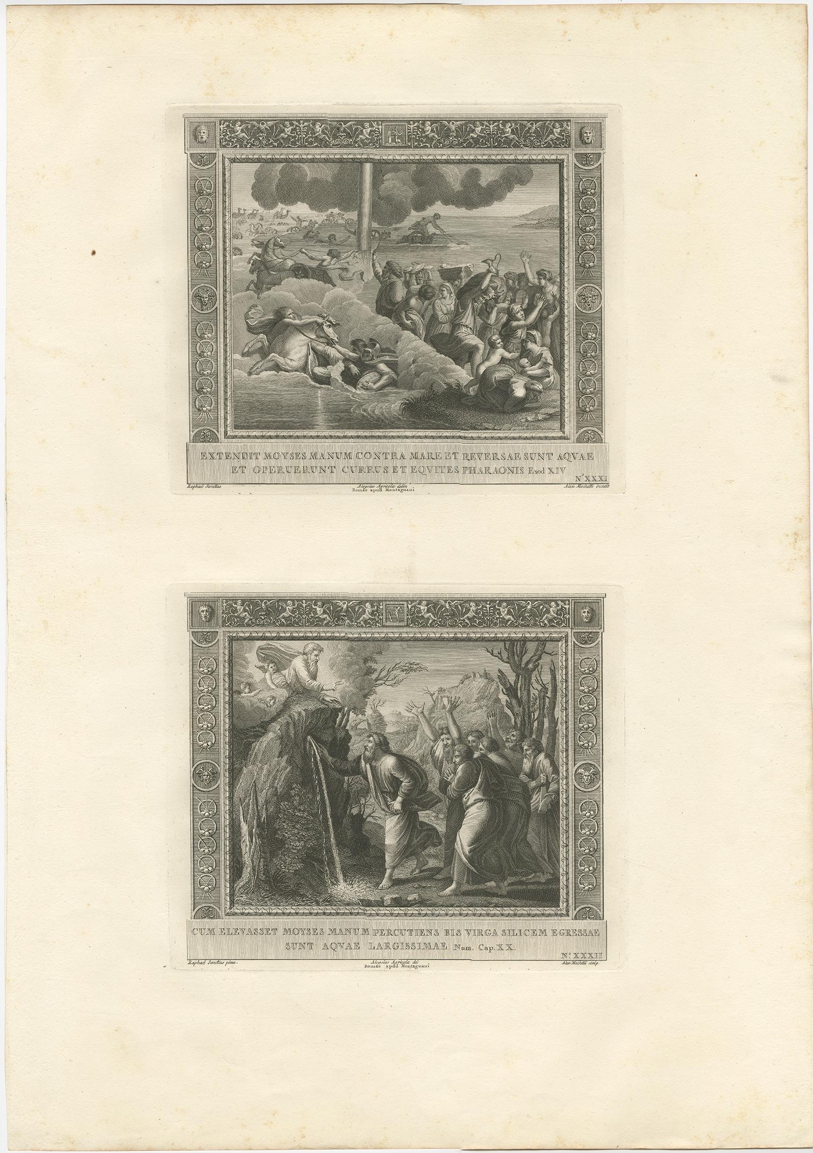 Large antique print with two religious engravings. The upper image depicts the crossing of the Red Sea. The lower image depicts Moses makes the water spring out from the rock. This print originates from a work illustrating the complete series of