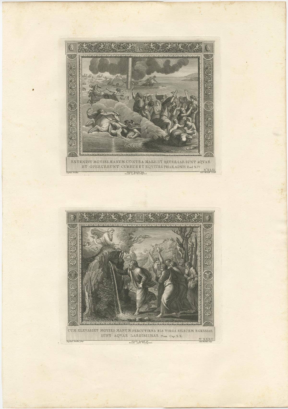 Religious Old Print of Moses Making Water & The Crossing of the Red Sea, ca.1850