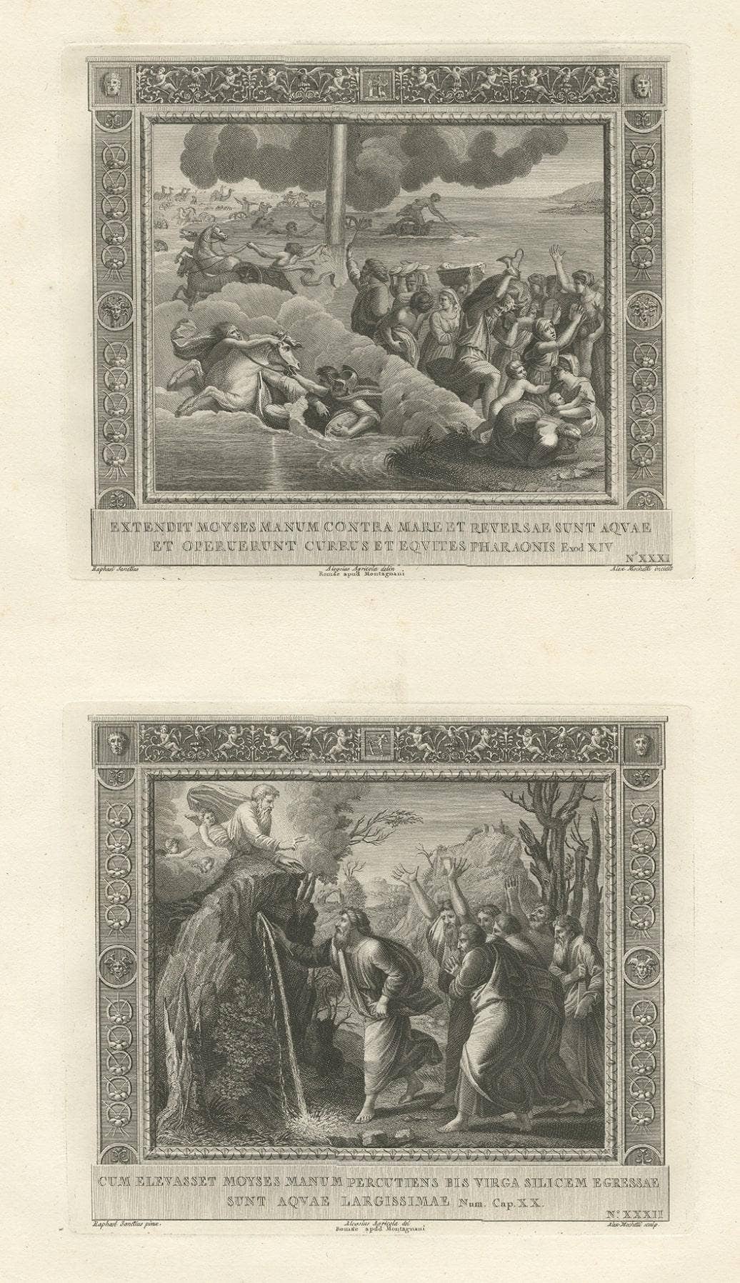 Religious Old Print of Moses Making Water & The Crossing of the Red Sea, ca.1850