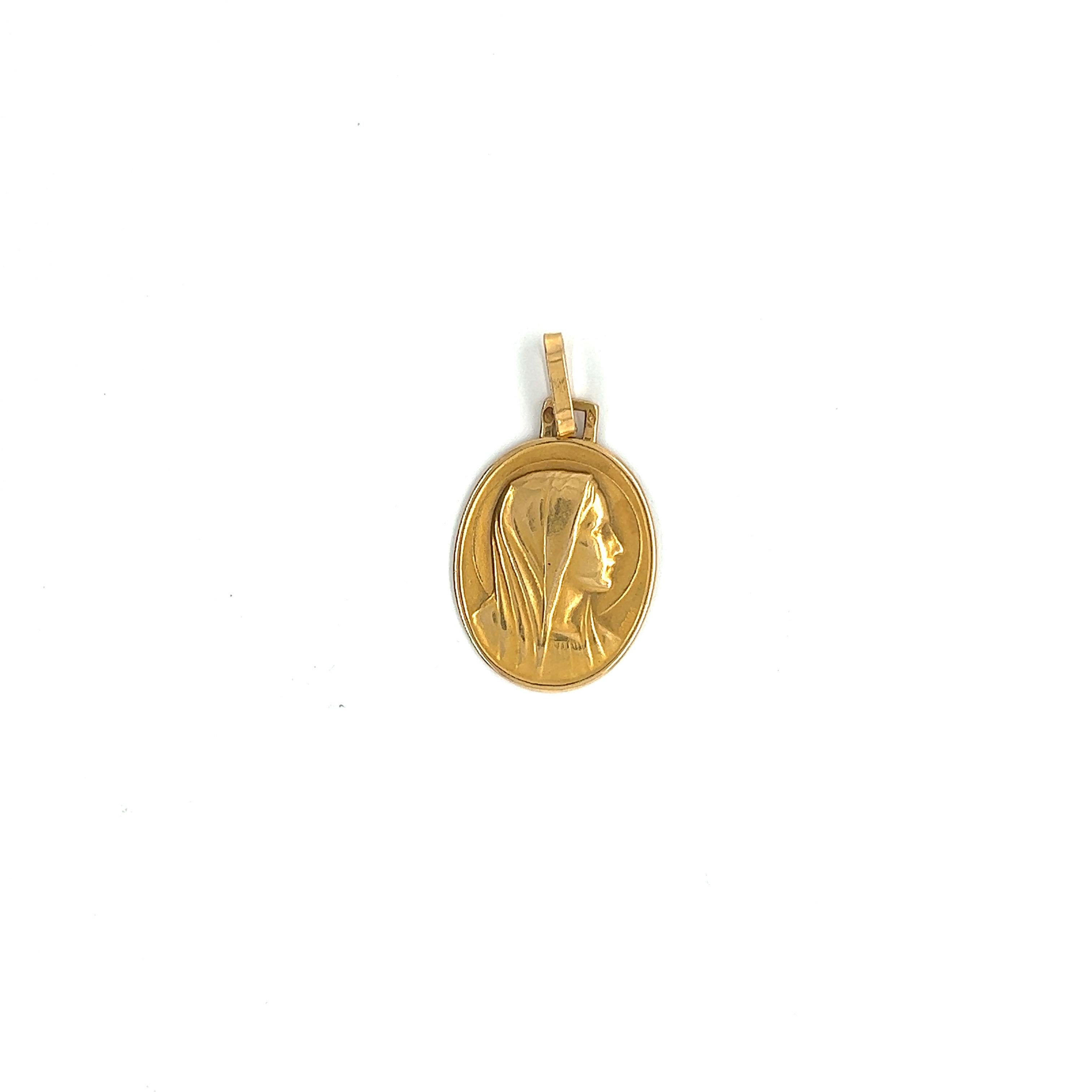 Artisan Religious Oval Medal Virgin Mary Yellow Gold 18 Karat