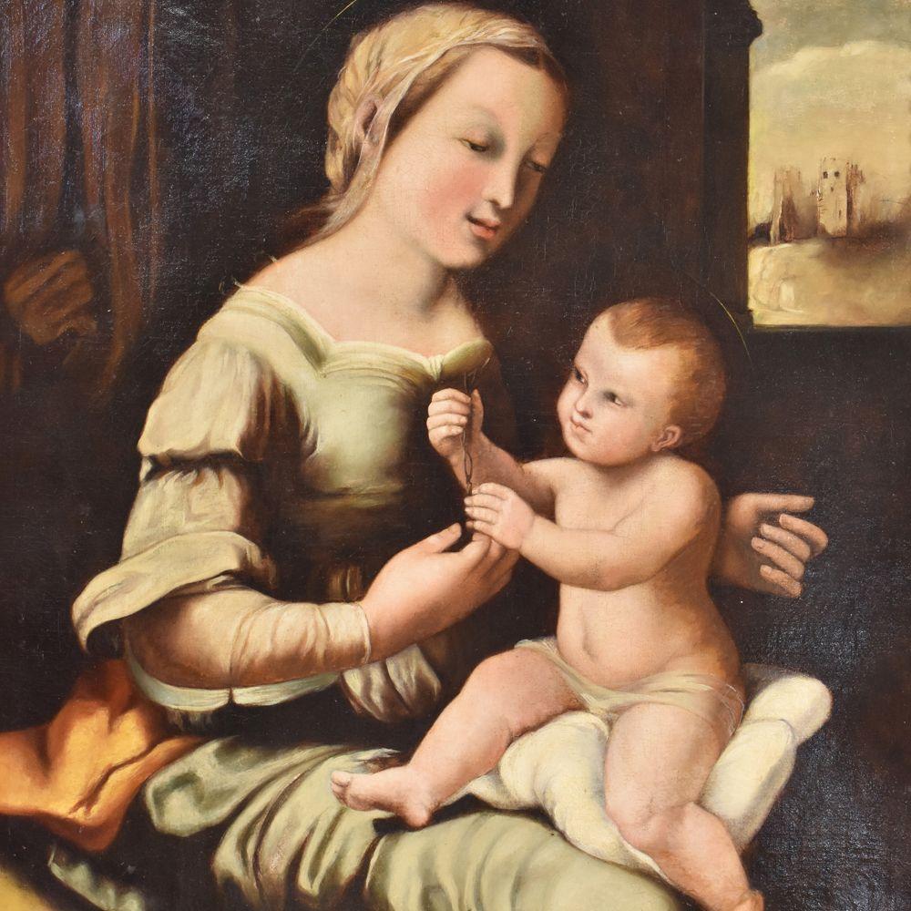 Dies ist ein religiöses Ölgemälde von Jesus, das die Madonna mit Kind darstellt.
Das Ölgemälde ist mit einem originalen Goldrahmen aus den 1800er Jahren versehen.

Obwohl es keine Unterschrift auf der Leinwand des christlichen Gemäldes gibt.
Das