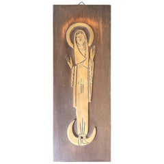 Religious Plaque or Icon of Mary in Brass on Wood