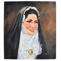 Vintage Religious Portrait Painting Oil on Canvas of Catholic Nun in Habit Veil and Coif