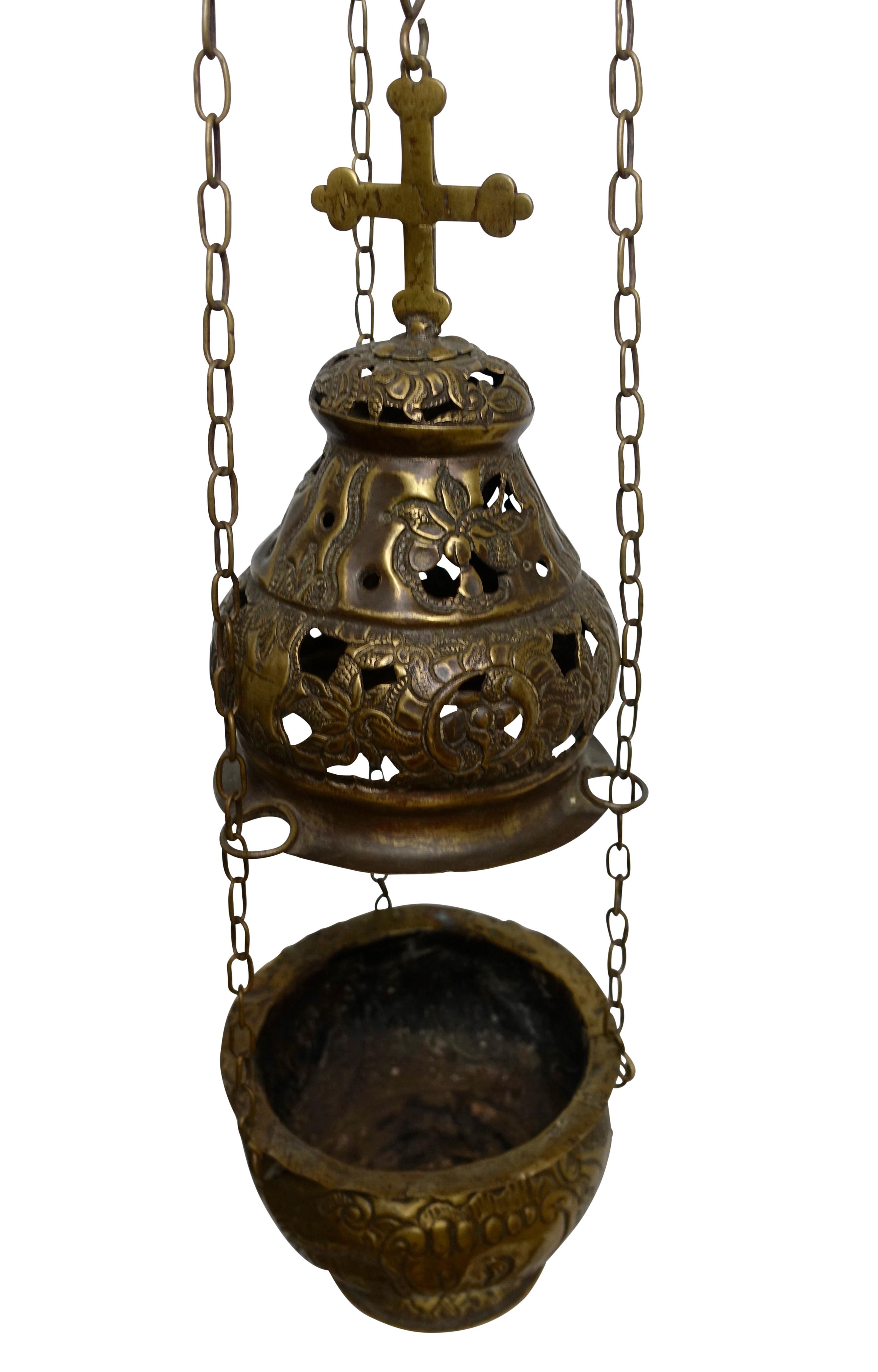Repoussé Religious Repousse Brass Hanging Incense Burner, Spanish Colonial, 19th Century