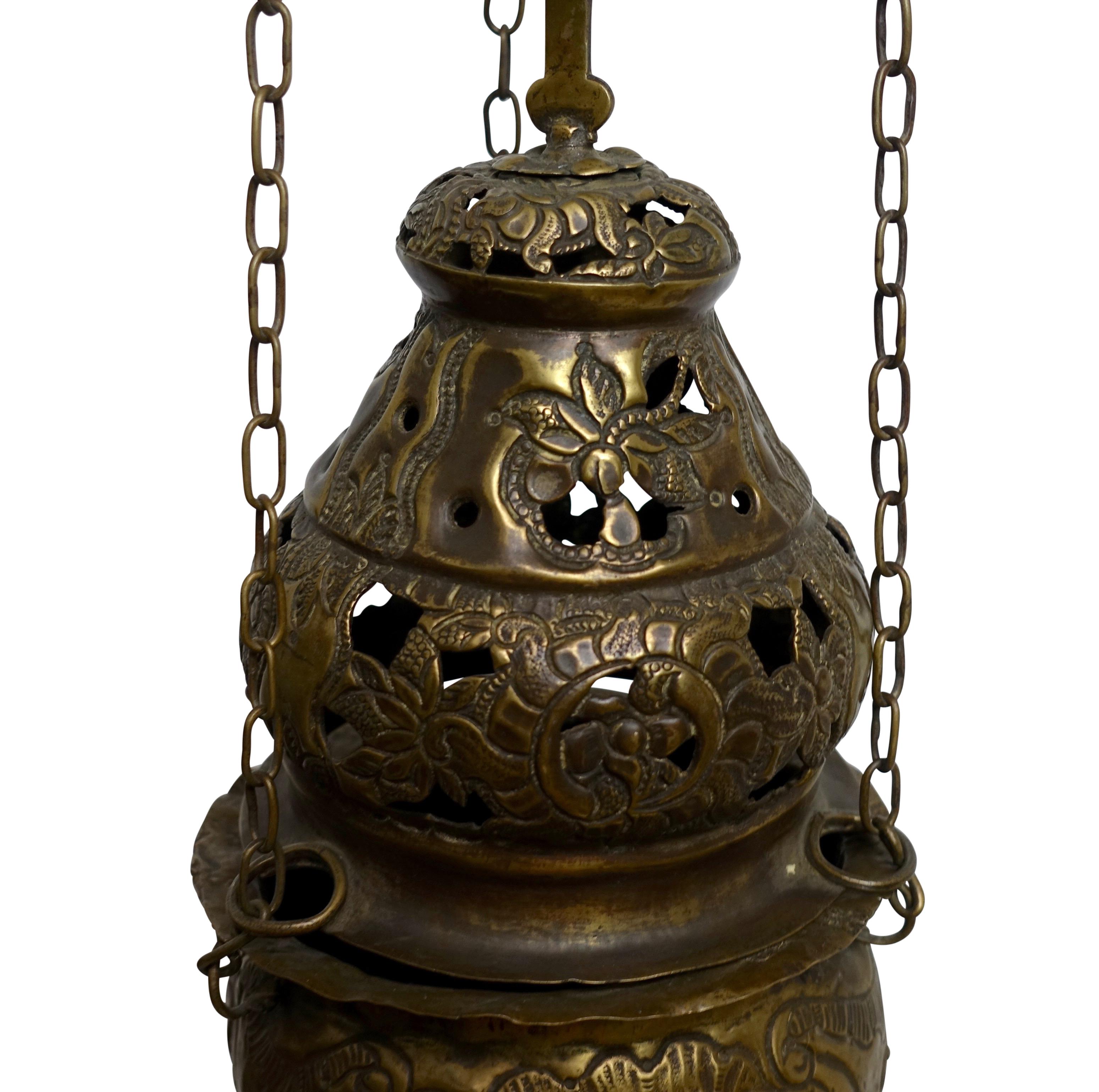 Religious Repousse Brass Hanging Incense Burner, Spanish Colonial, 19th Century In Good Condition In San Francisco, CA