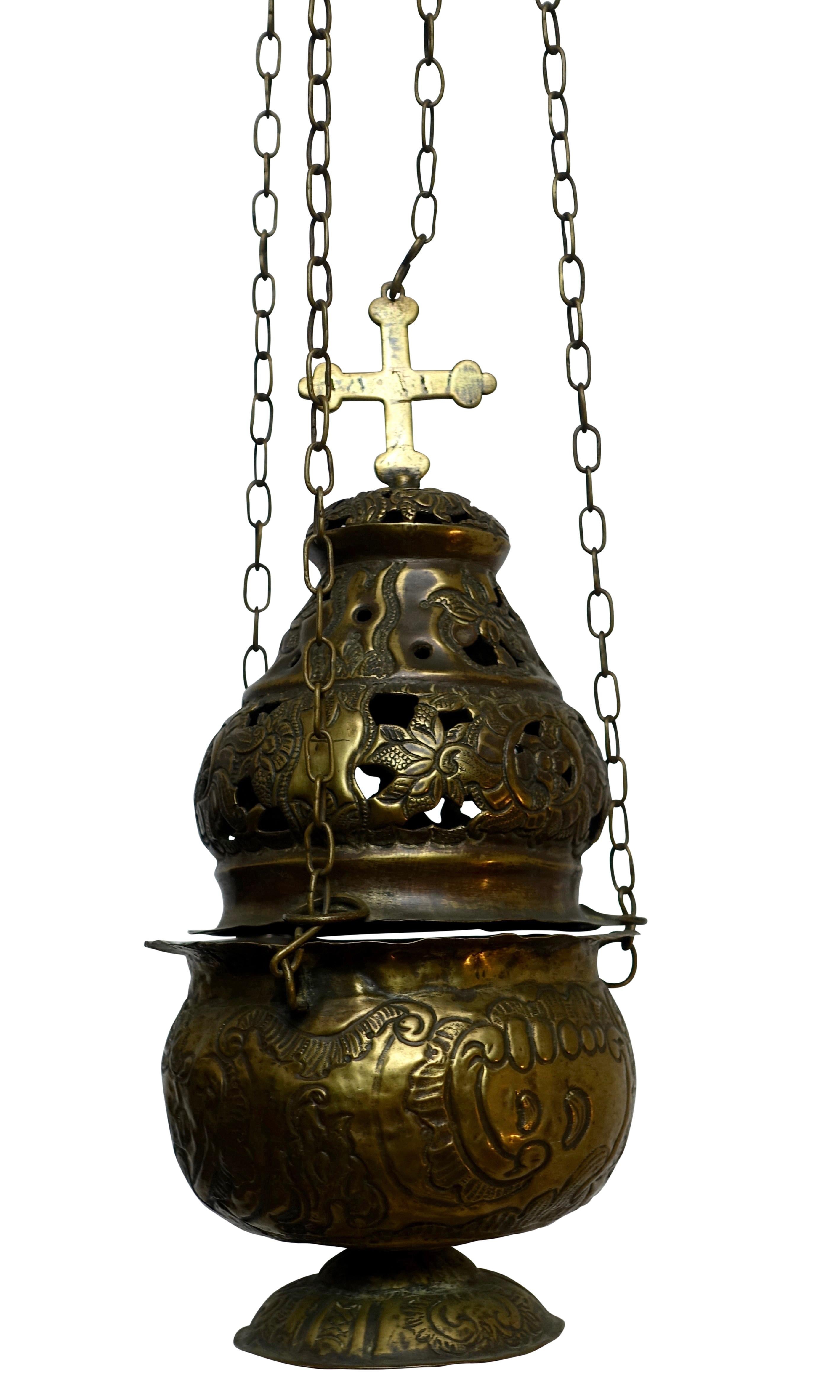 Religious Repousse Brass Hanging Incense Burner, Spanish Colonial, 19th Century 4