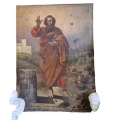 Religious Saint Matthias Oil Painting, 18th Century, Large oil on Cloth Mural