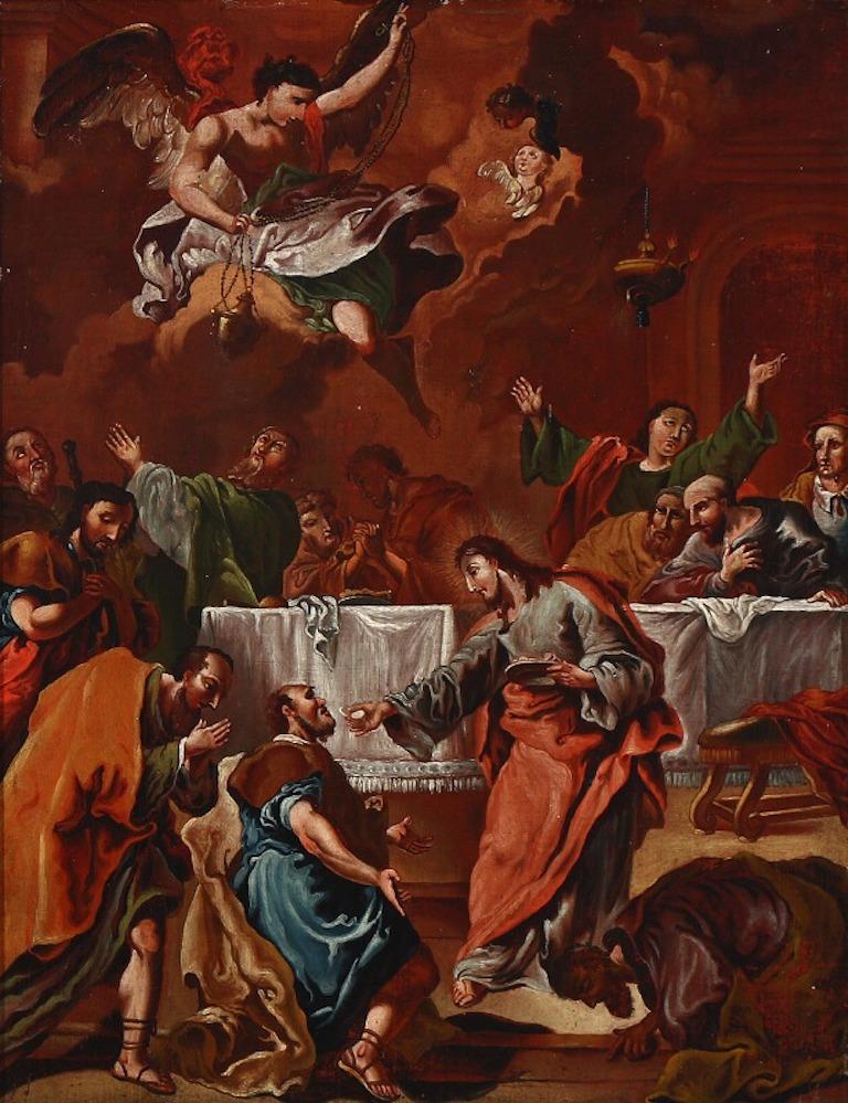 xVIIIe siècle : Scène religieuse avec le Christ et ses disciples. Non signée. Huile sur toile posée sur carton.
