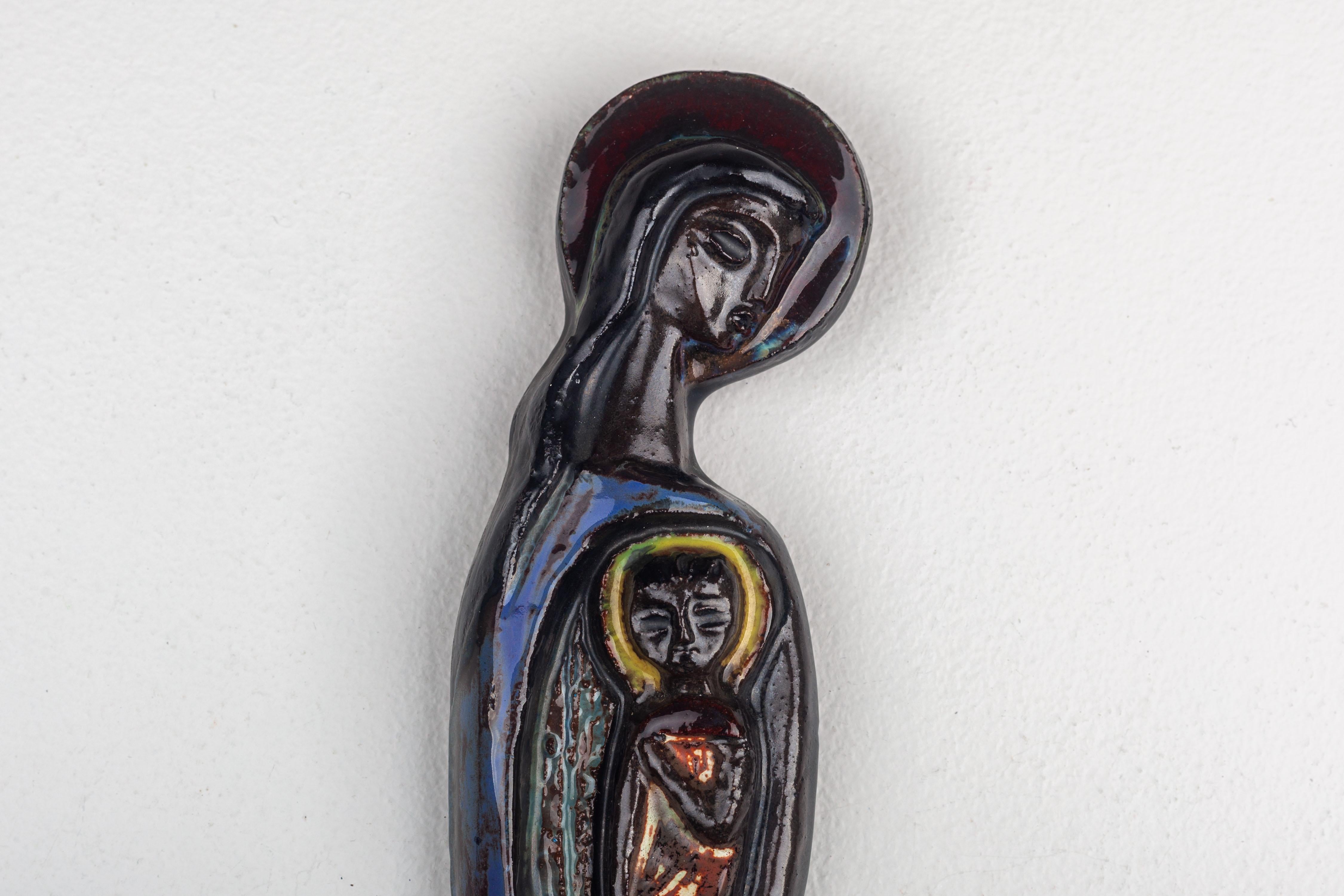  Mid-Century Modern Ceramic Wall Art of Virgin Mary with Child For Sale 5