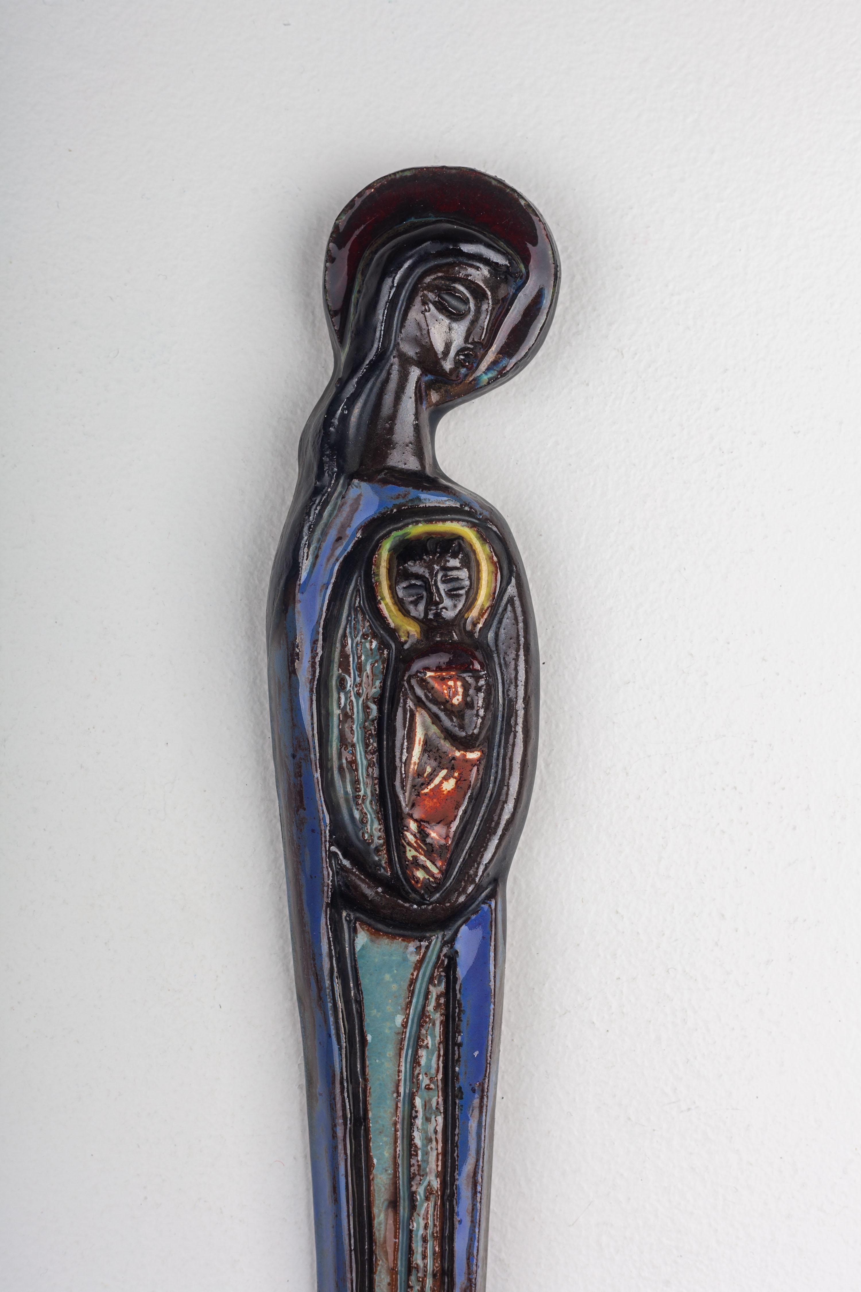  Mid-Century Modern Ceramic Wall Art of Virgin Mary with Child For Sale 7