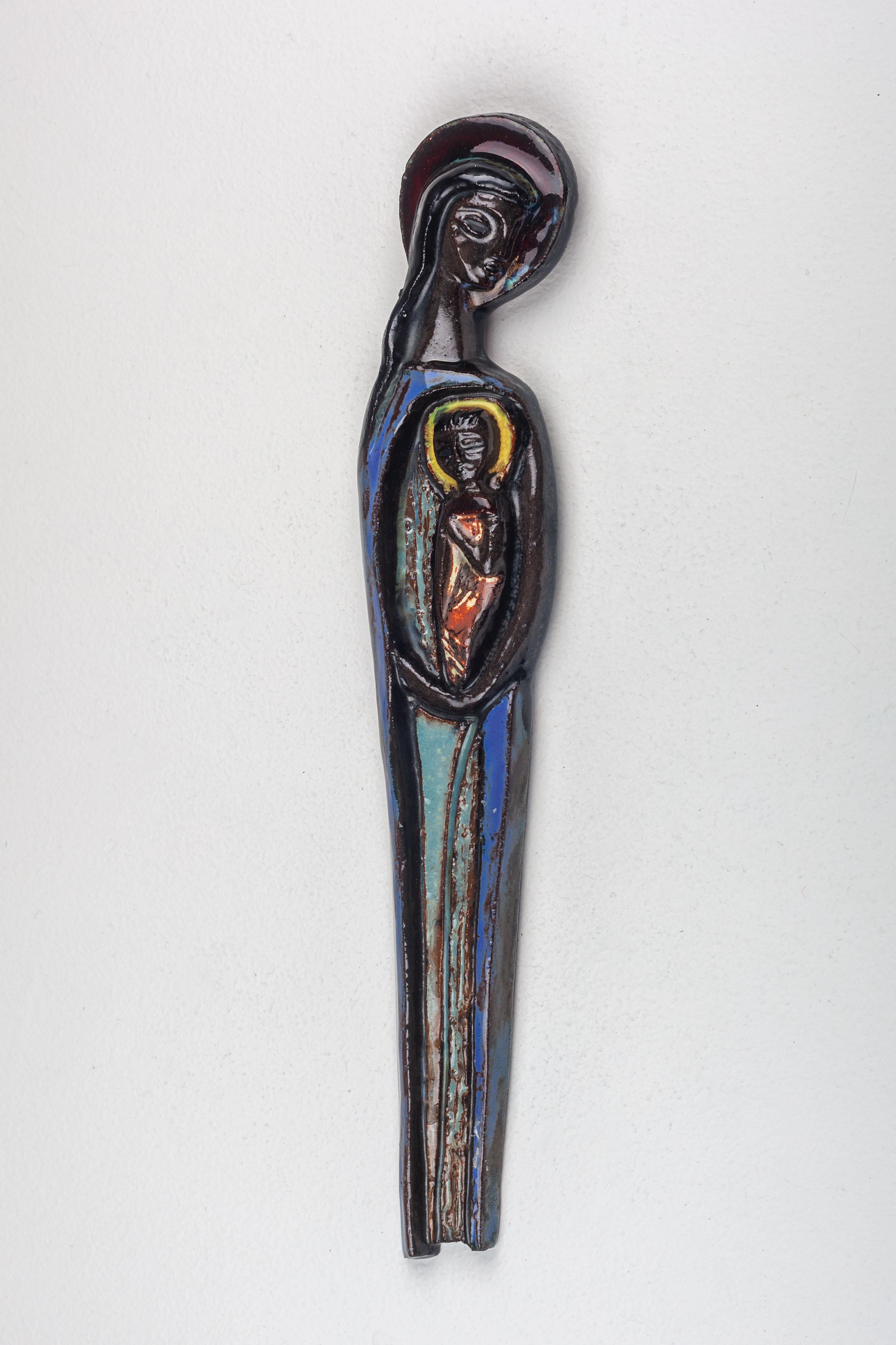 Mid-20th Century  Mid-Century Modern Ceramic Wall Art of Virgin Mary with Child For Sale