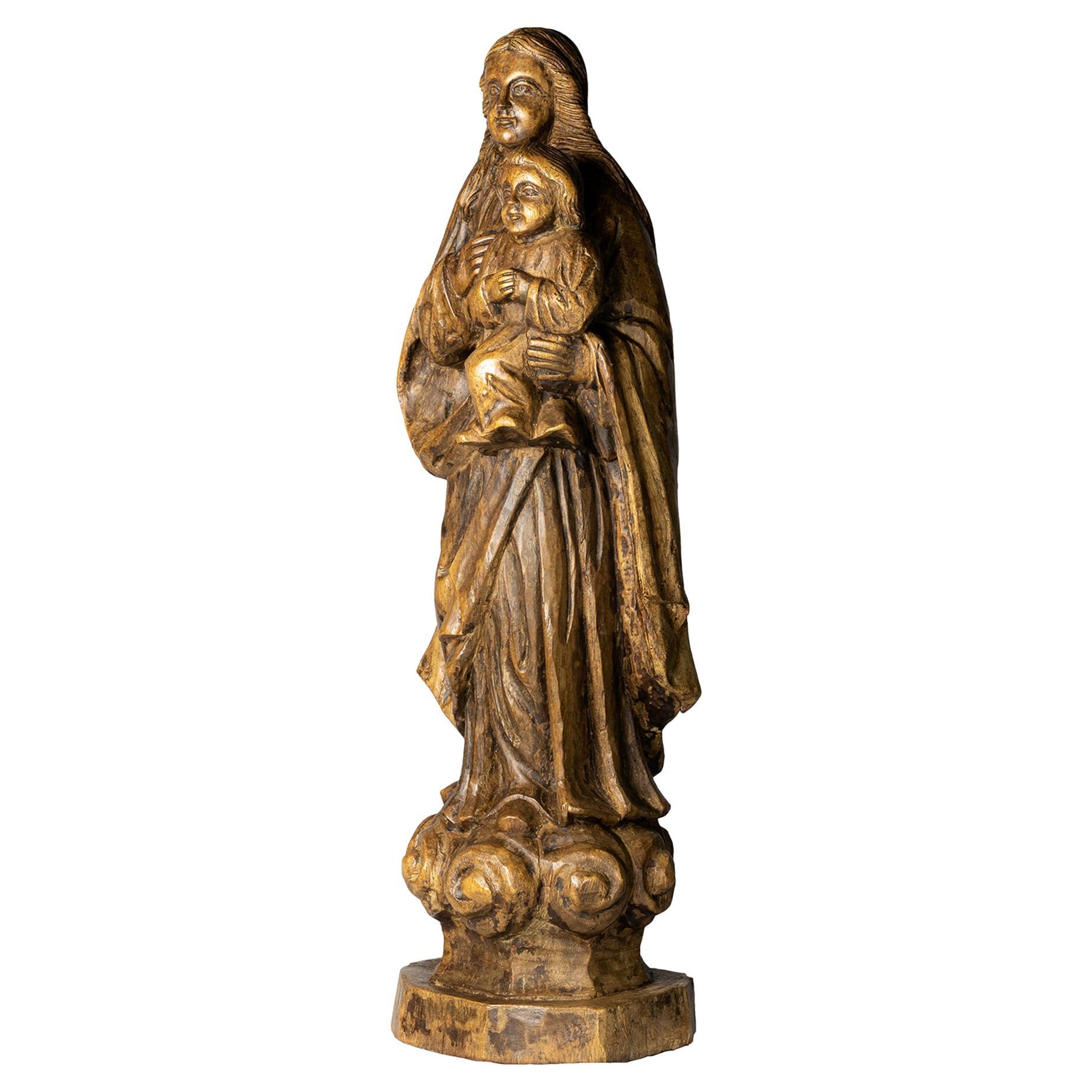 Religious Wood Statue of Our Lady and Child, 20th Century For Sale