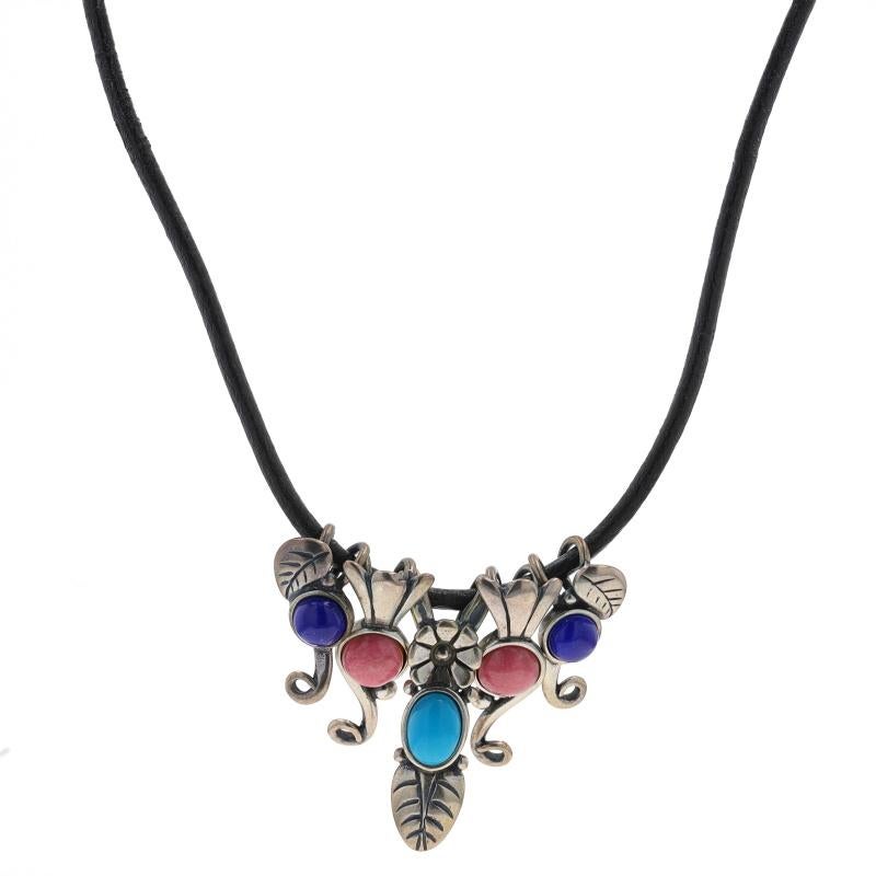 Brand: Relios

Metal Content: Sterling Silver

Stone Information
Natural Turquoise
Treatment: Routinely Enhanced
Color: Blue

Natural Rhodolite
Color: Pink

Natural Lapis Lazuli
Color: Blue

Material Information
Cord
Color: Black

Style: