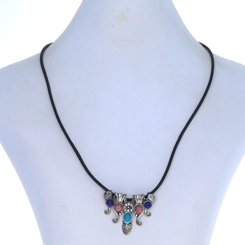 Mixed Cut Relios Turquoise Rhodolite Lapis Cord Slide Necklace Sterling 925 Floral Adjust For Sale