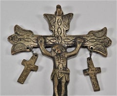 Reliquary Bronze Crucifix Pendant with Two Lateral Crosses, Italy, 17th Century