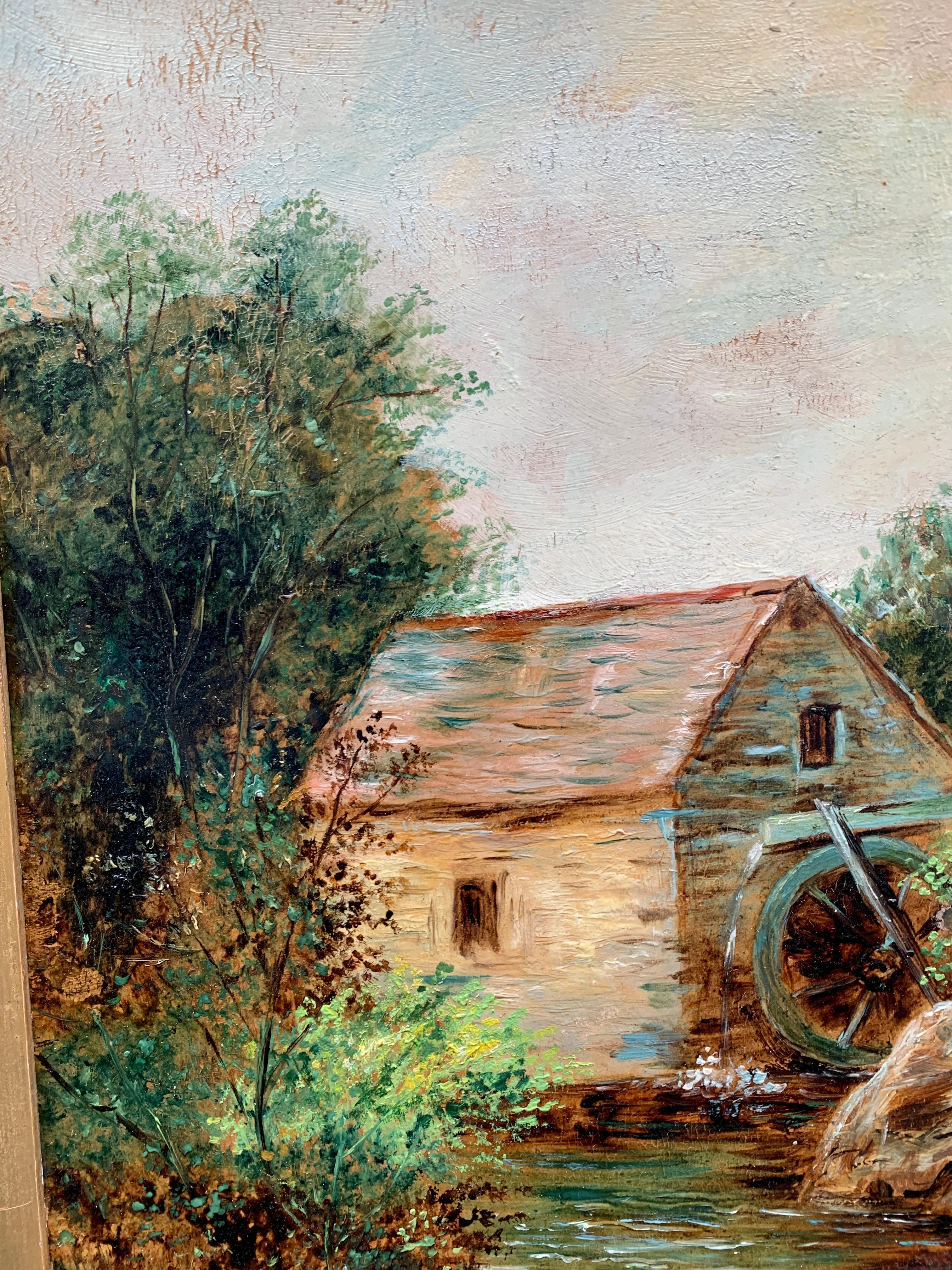 Antike englische Landschaft des 19. Jahrhunderts, Wassermühle, Bäume, Berg an einem Fluss  – Painting von R.Ellis