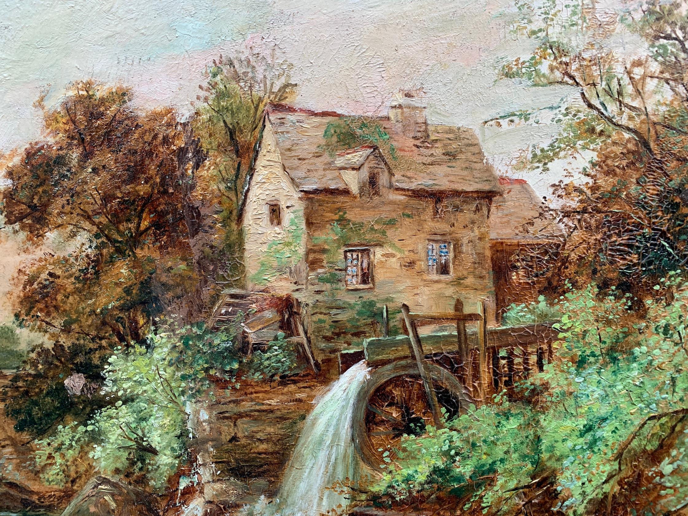 Antike englische Landschaft des 19. Jahrhunderts, Wassermühle, Bäume, Berg an einem Fluss  – Painting von R.Ellis