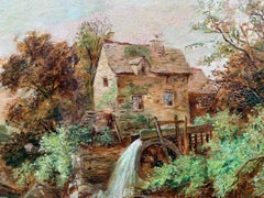 Antique 19th century English landscape, Watermill, trees, mountain by a stream
