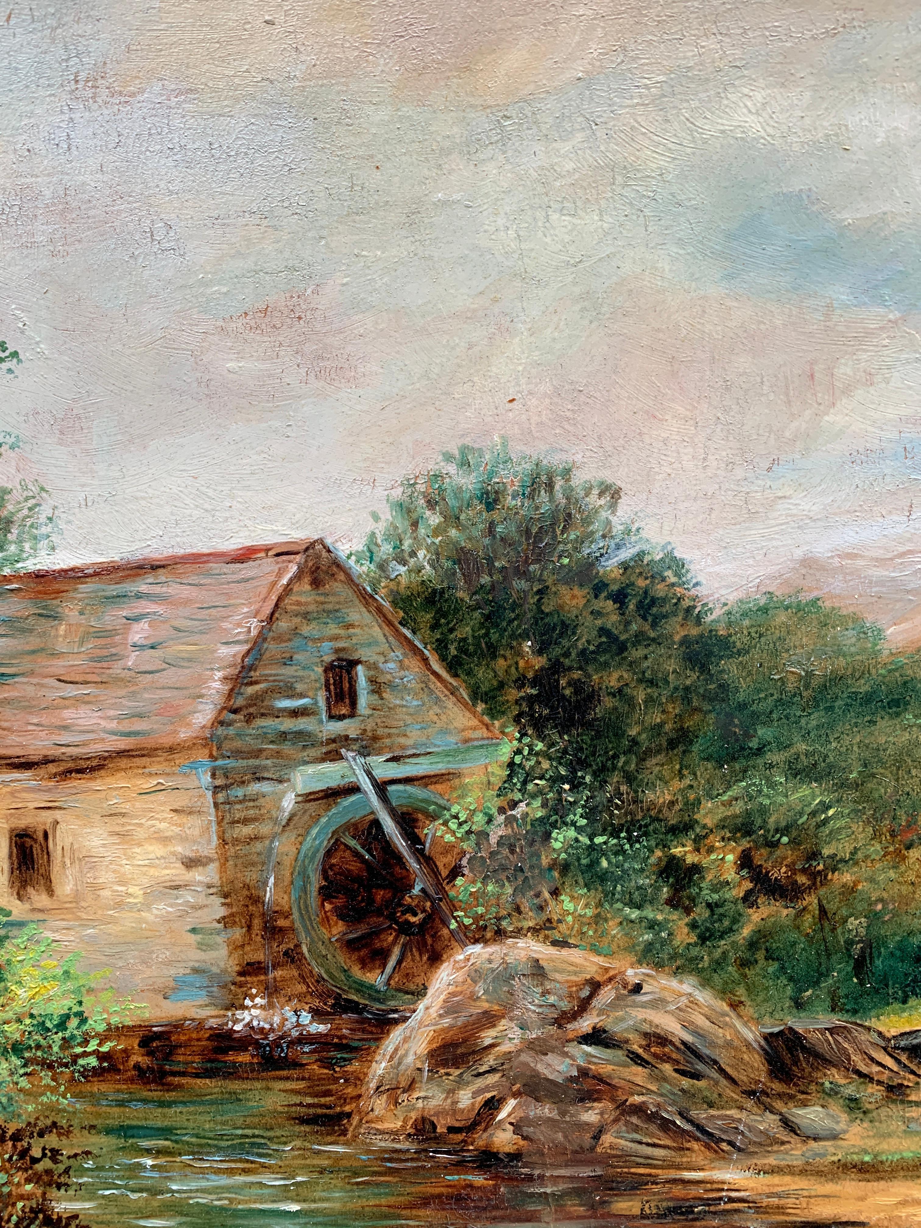 Antike englische Landschaft des 19. Jahrhunderts, Wassermühle, Bäume, Berg an einem Fluss  (Viktorianisch), Painting, von R.Ellis