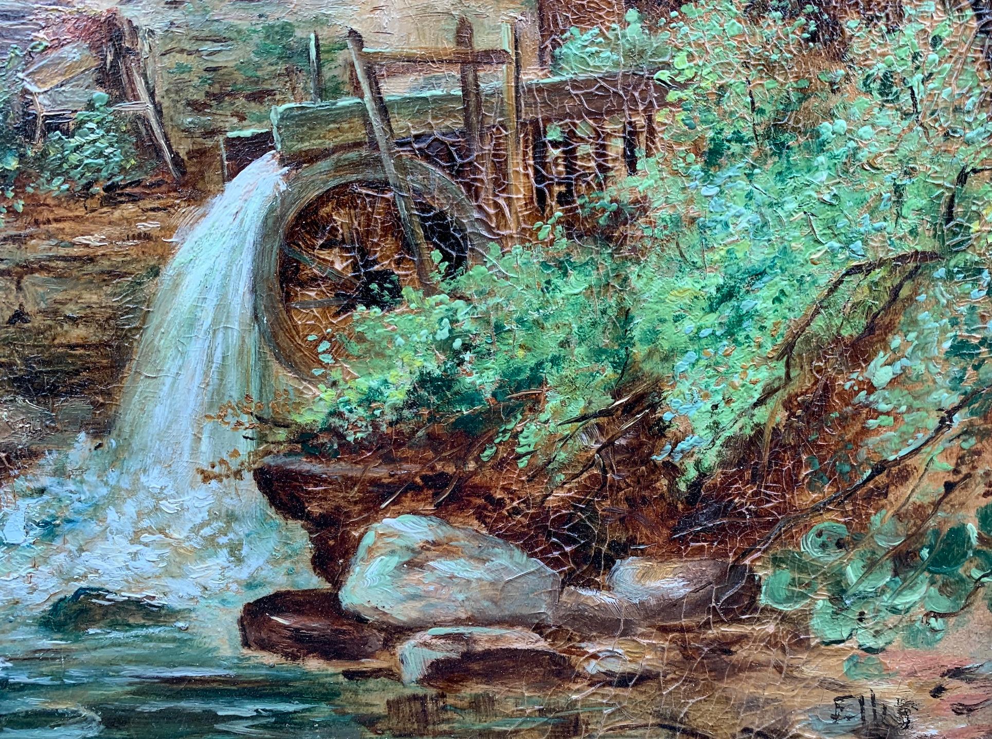 Antique 19th century English landscape, Watermill, trees, mountain by a stream  - Victorian Painting by R.Ellis