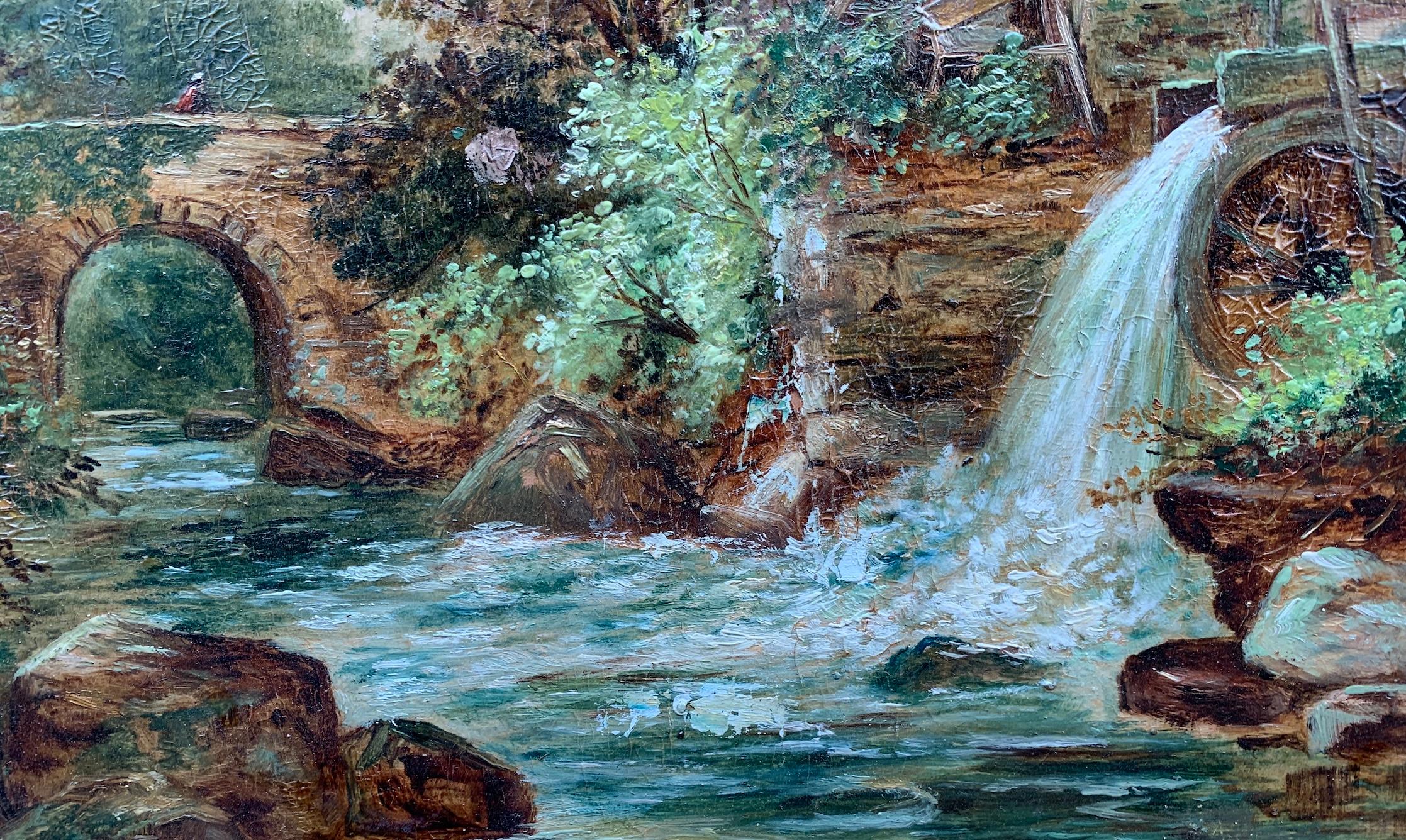 Antike englische Landschaft des 19. Jahrhunderts, Wassermühle, Bäume, Berg an einem Fluss  im Angebot 1
